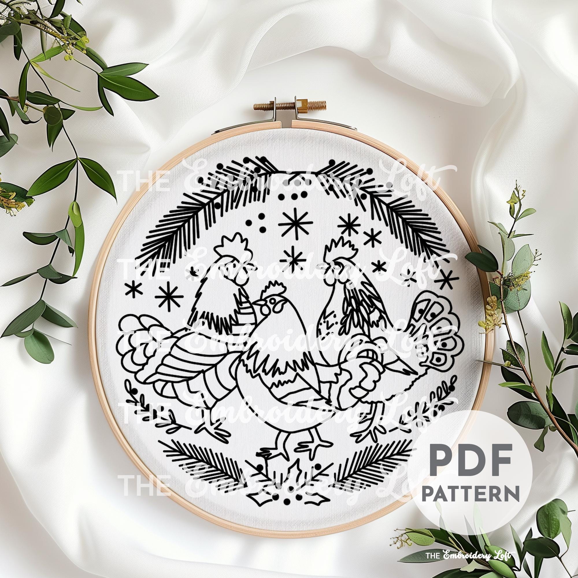 Twelve Days of Christmas, Three French Hens Hand Embroidery Pattern