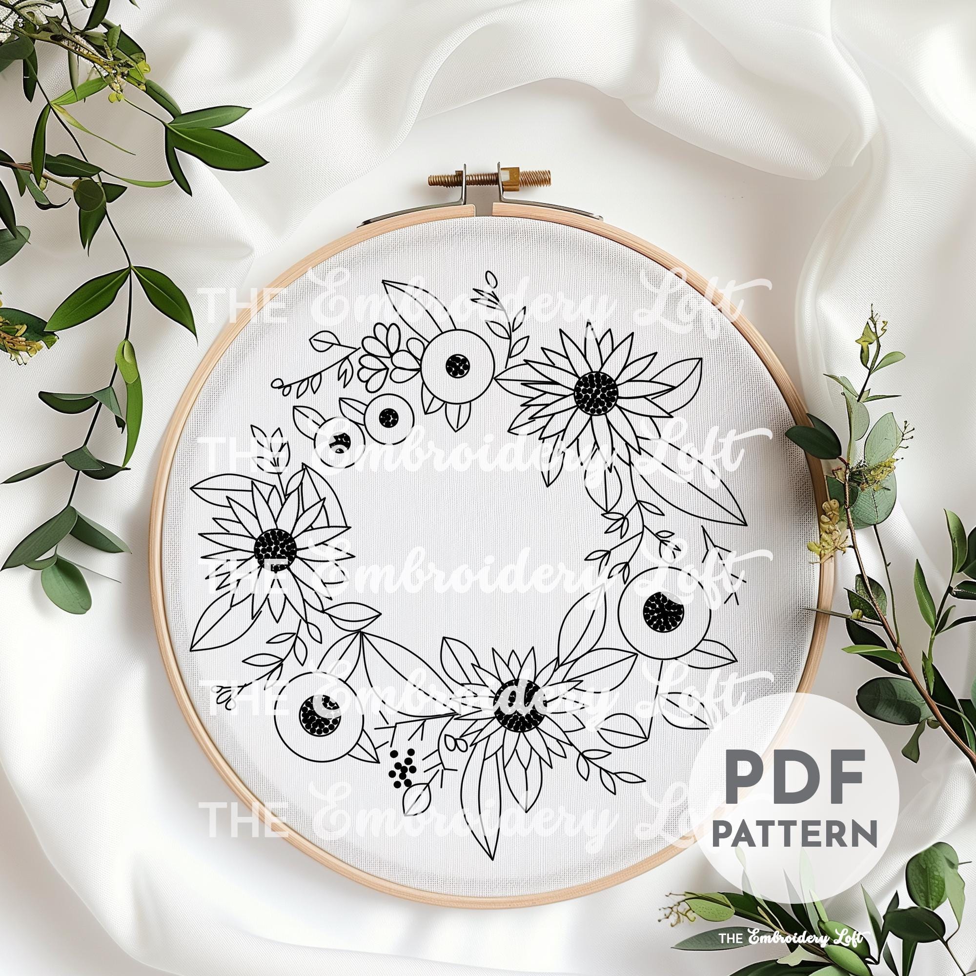 Sunflower Wreath Hand Embroidery Pattern