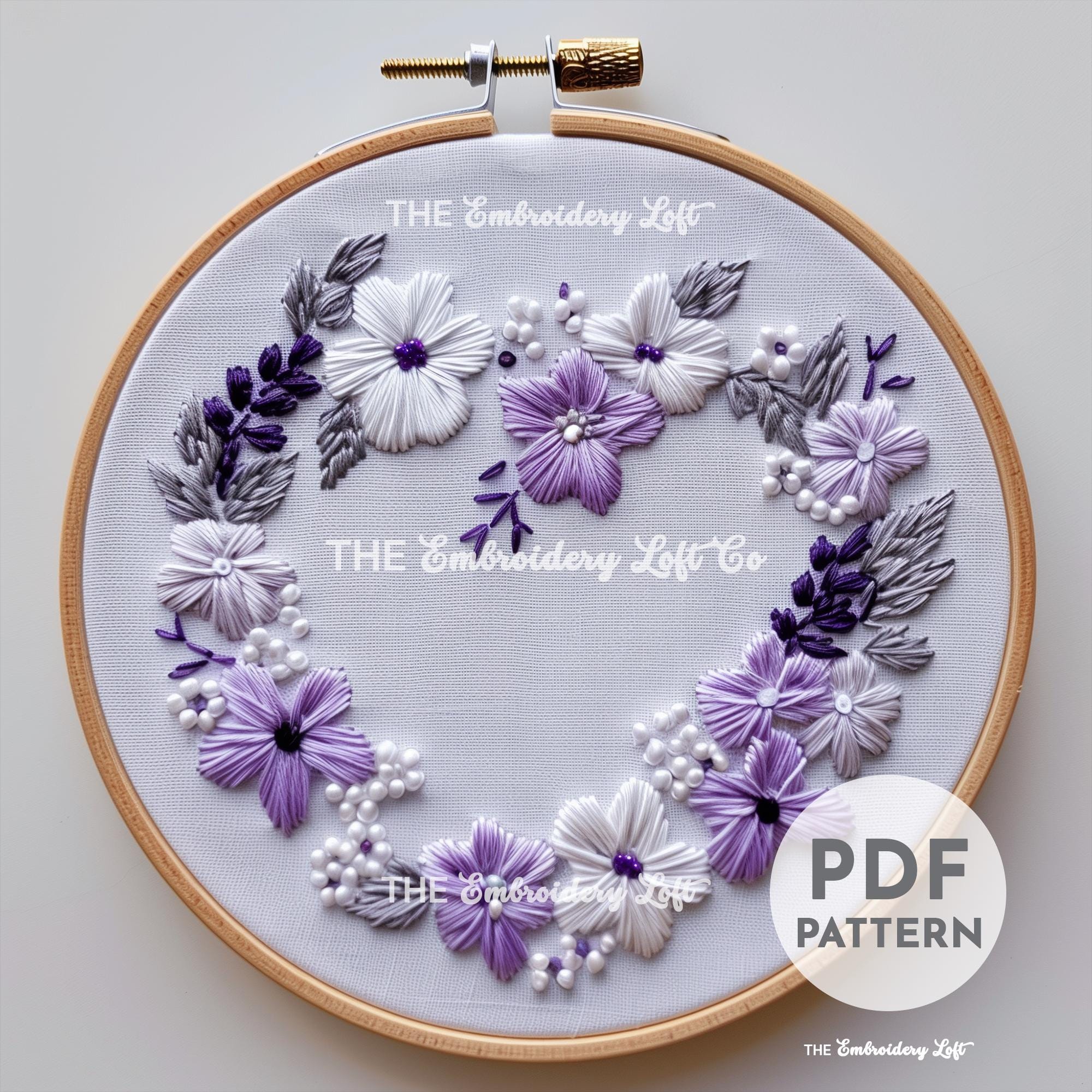 Purple Floral Heart Wreath Hand Embroidery Pattern