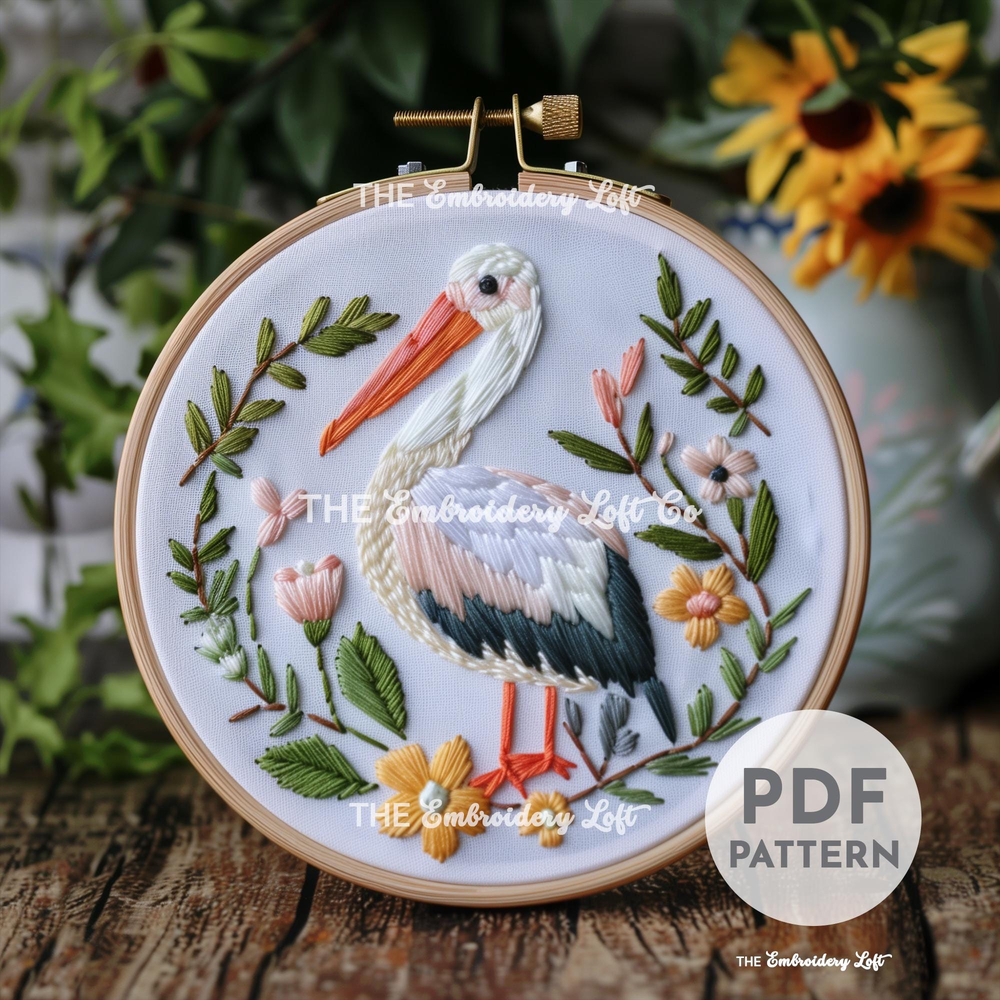 Floral Stork Hand Embroidery Pattern