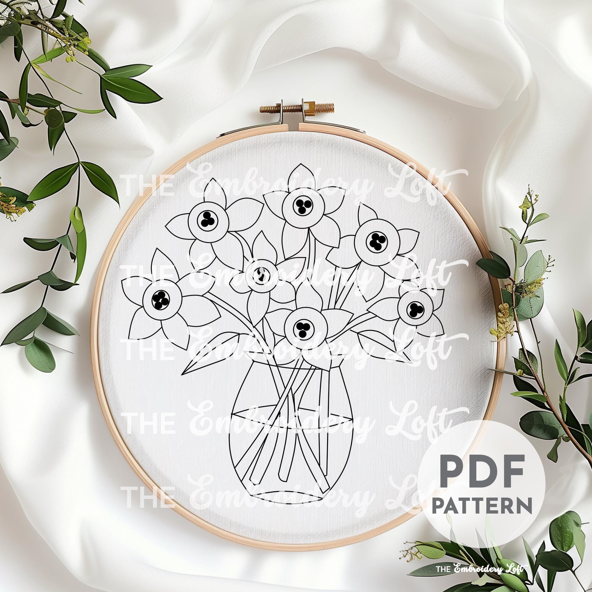 Vase of Daffodils Hand Embroidery Pattern