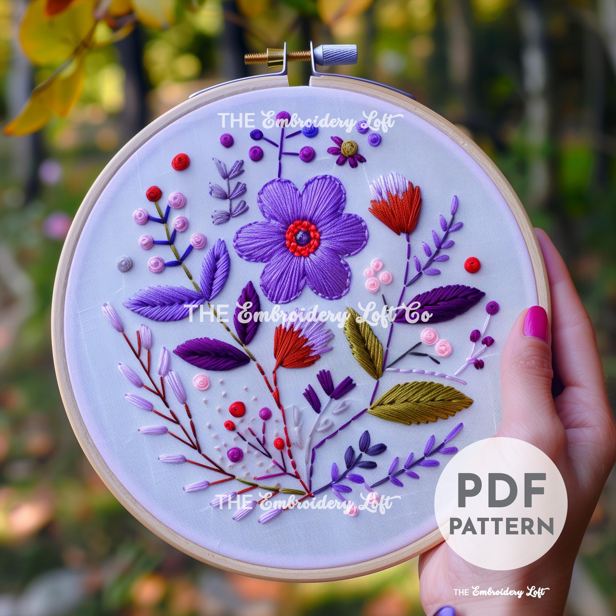 Purple Folk Flower Hand Embroidery Pattern