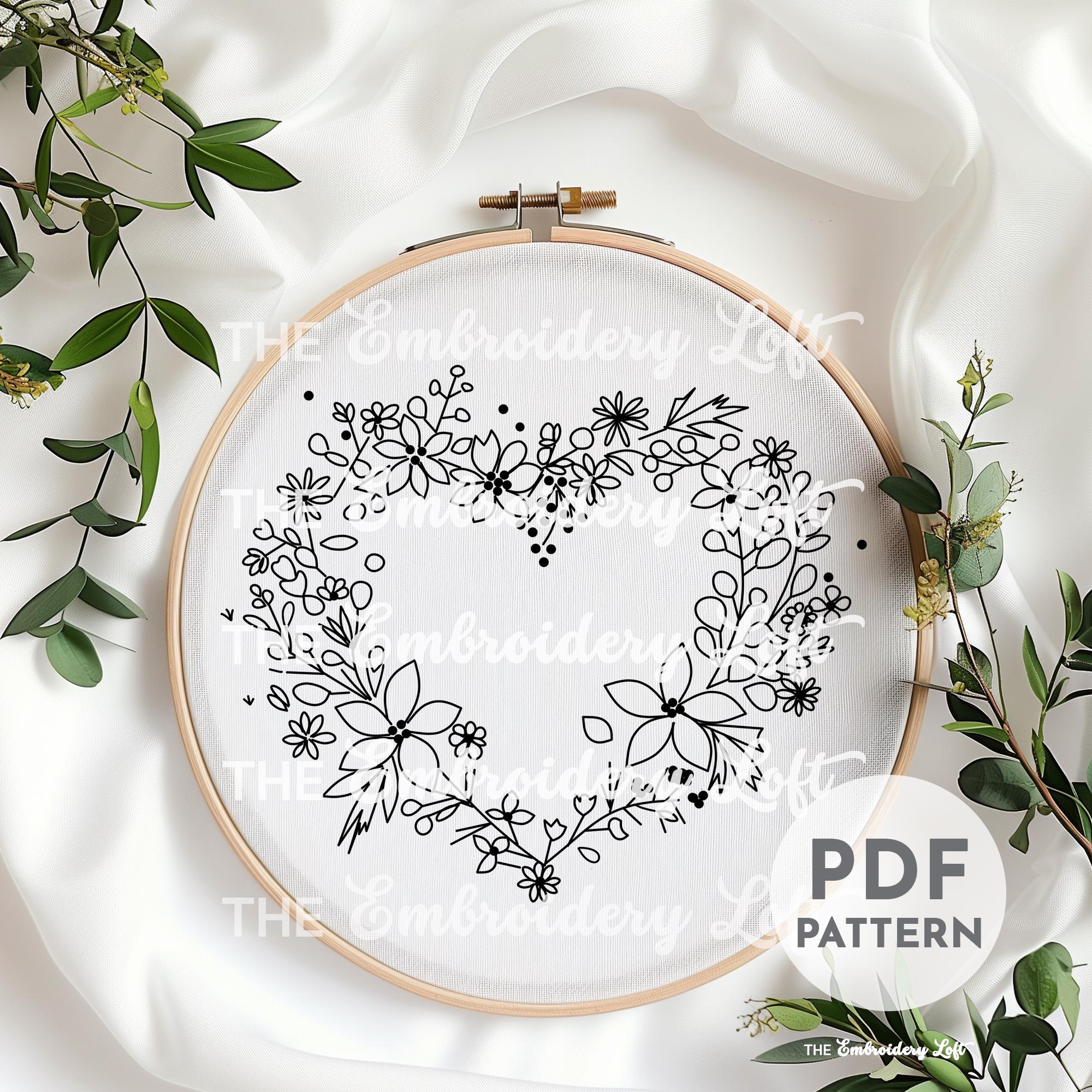 Purple Floral Heart Wreath Hand Embroidery Pattern