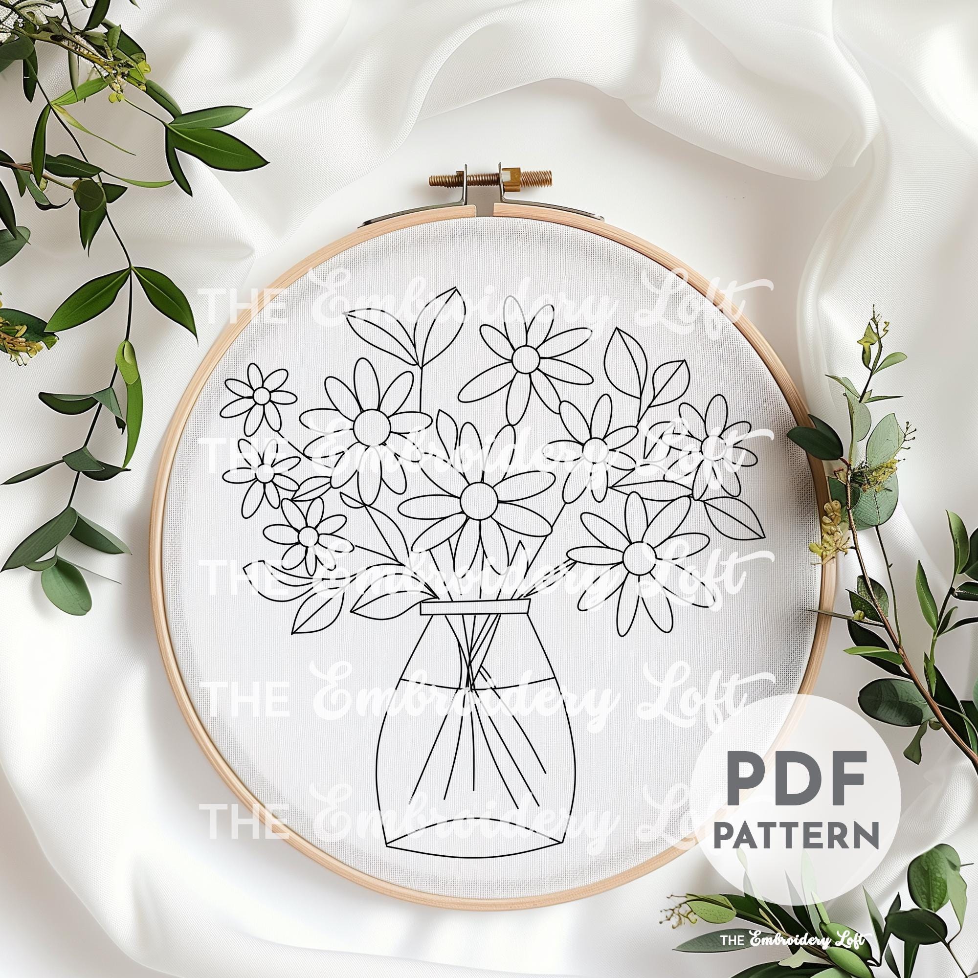 Vase of Daisies Hand Embroidery Pattern