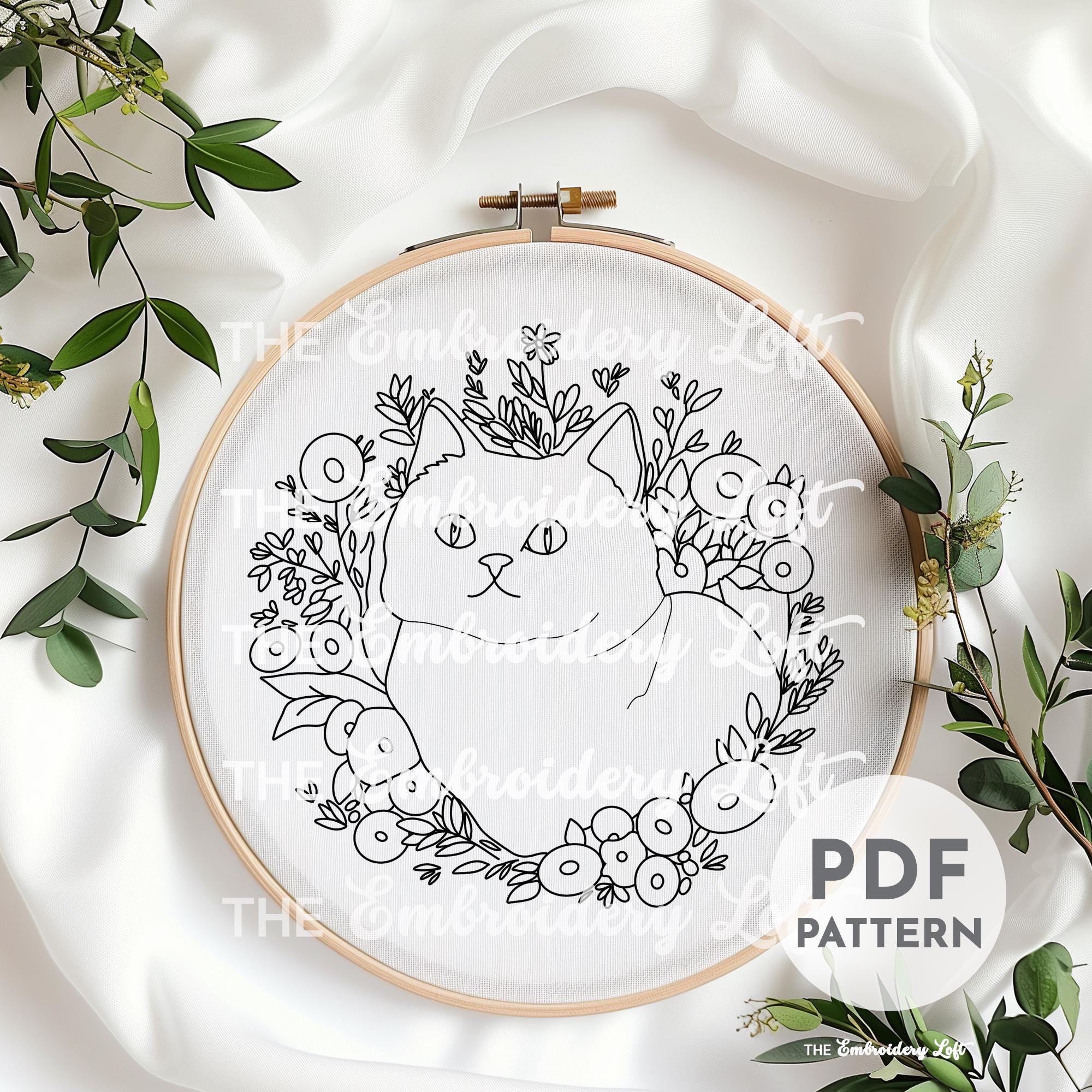 White Cat Hand Embroidery Pattern