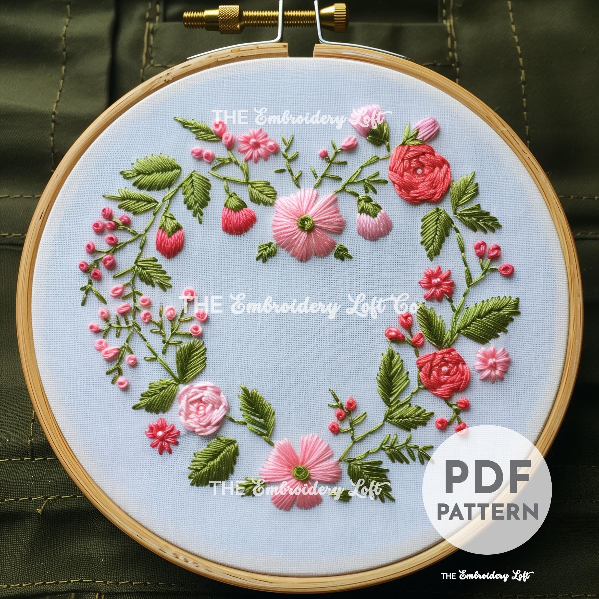 Pink Floral Heart Wreath Hand Embroidery Pattern