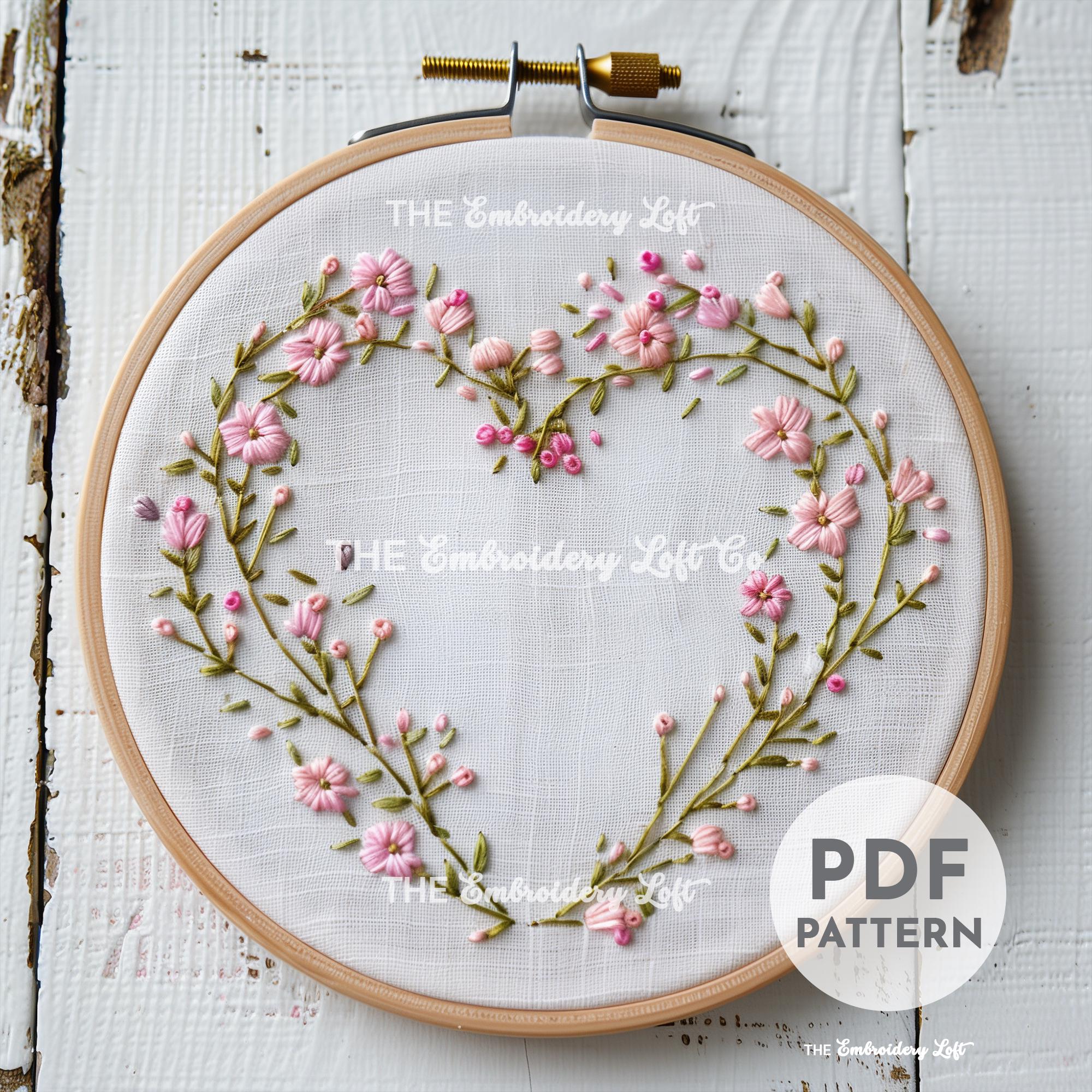 Dainty Floral Heart Wreath Hand Embroidery Pattern
