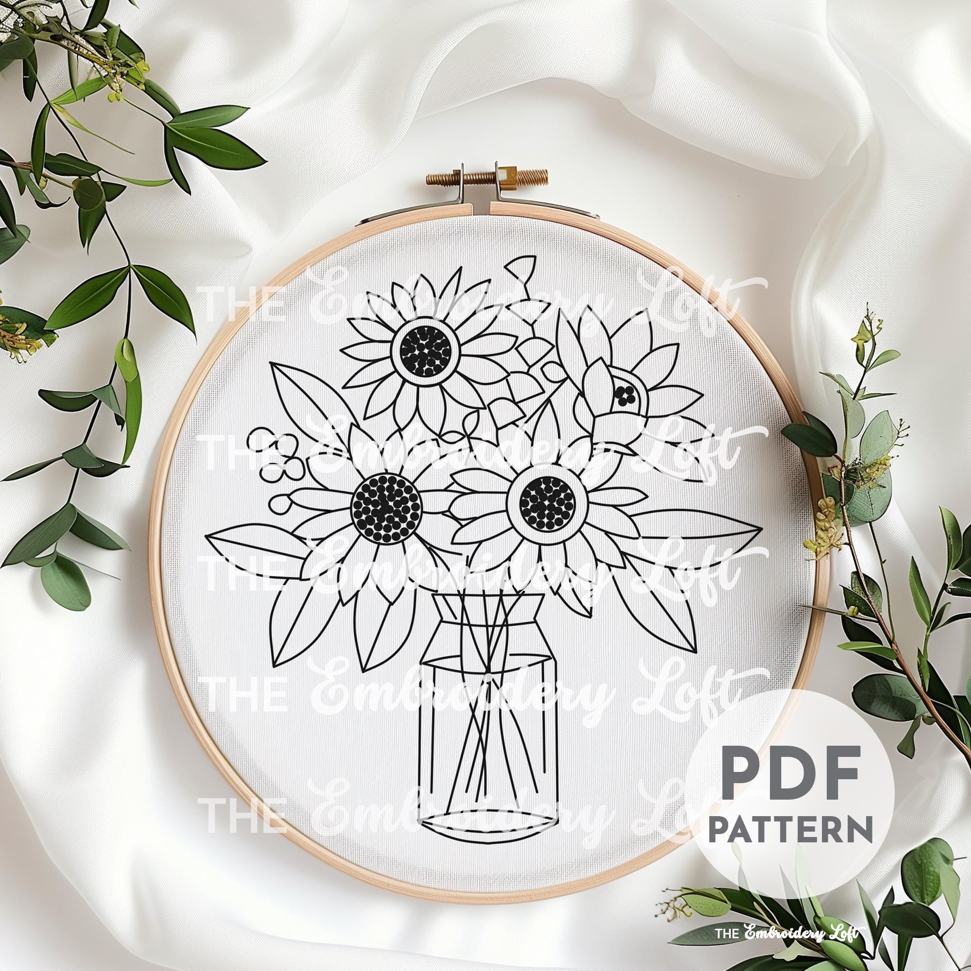 Vase of Sunflowers Hand Embroidery Pattern