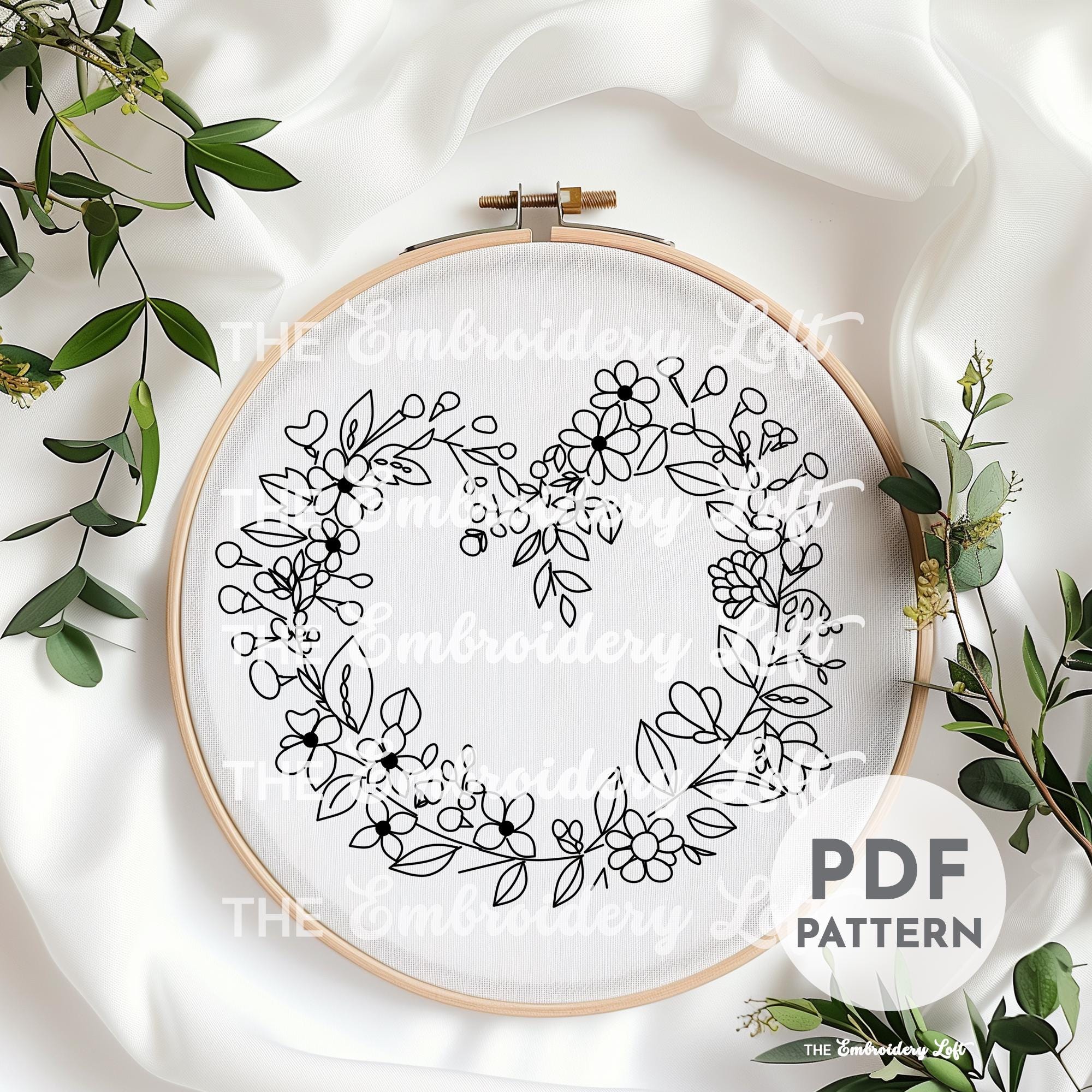 Valentine Floral Heart Wreath Hand Embroidery Pattern