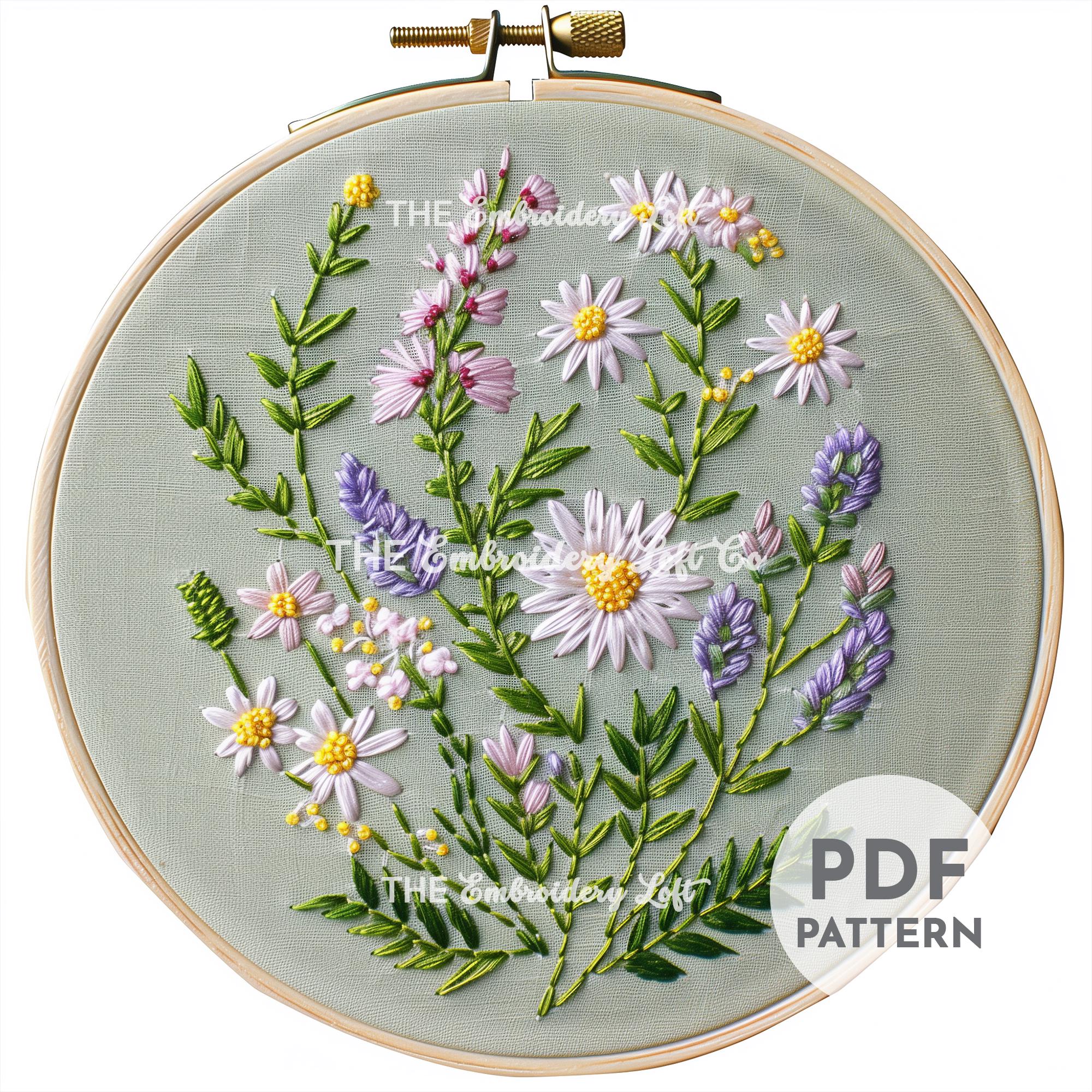 Meadow of White Daisies and Purple Lavender Hand Embroidery Pattern