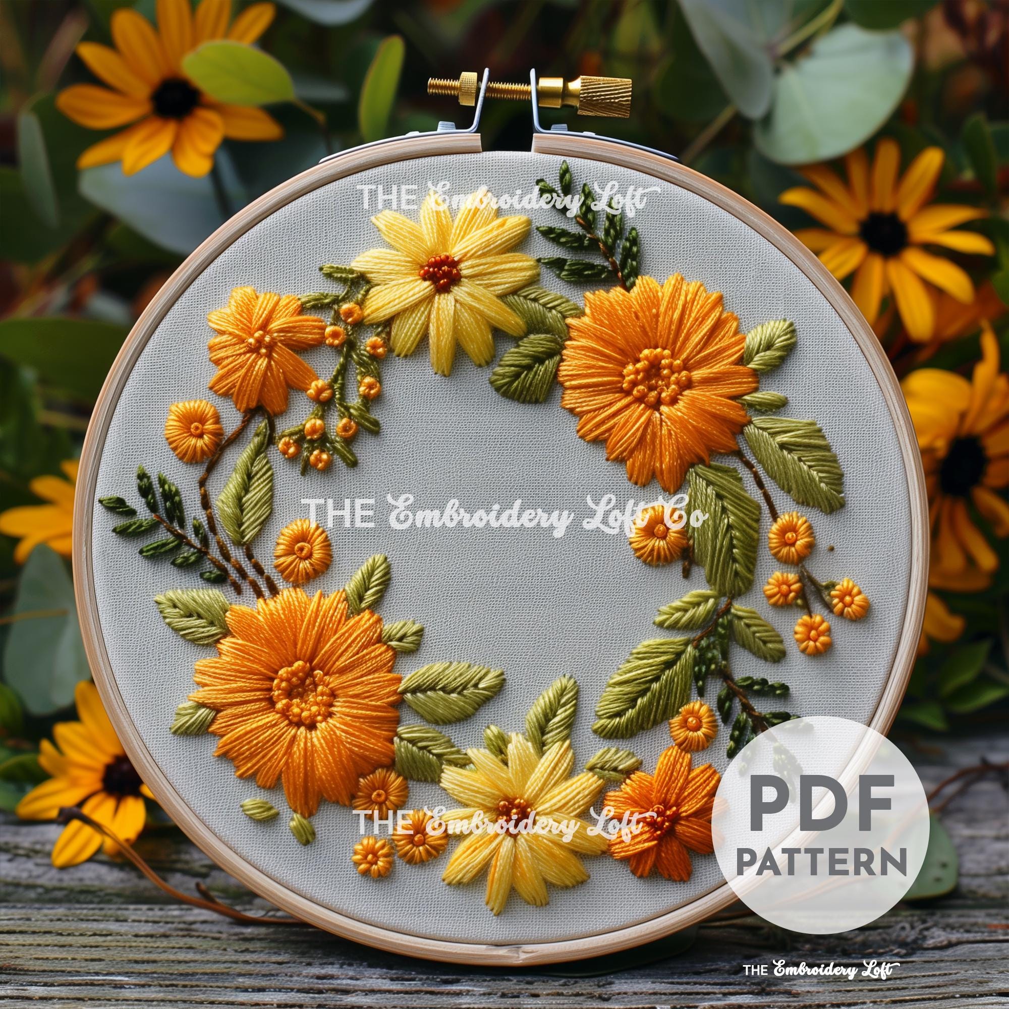 Orange and Yellow Floral Wreath Hand Embroidery Pattern