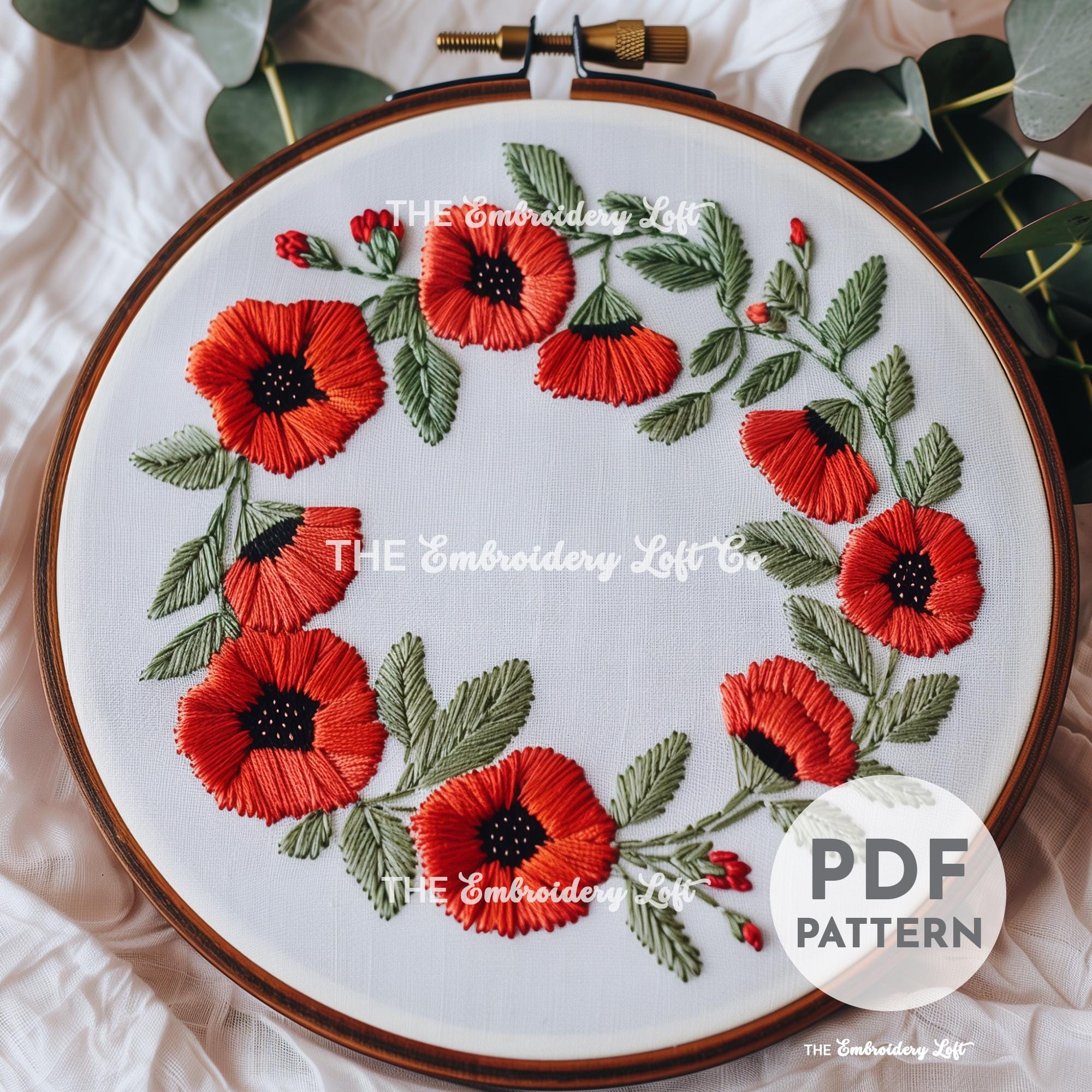 Poppy Wreath Hand Embroidery Pattern
