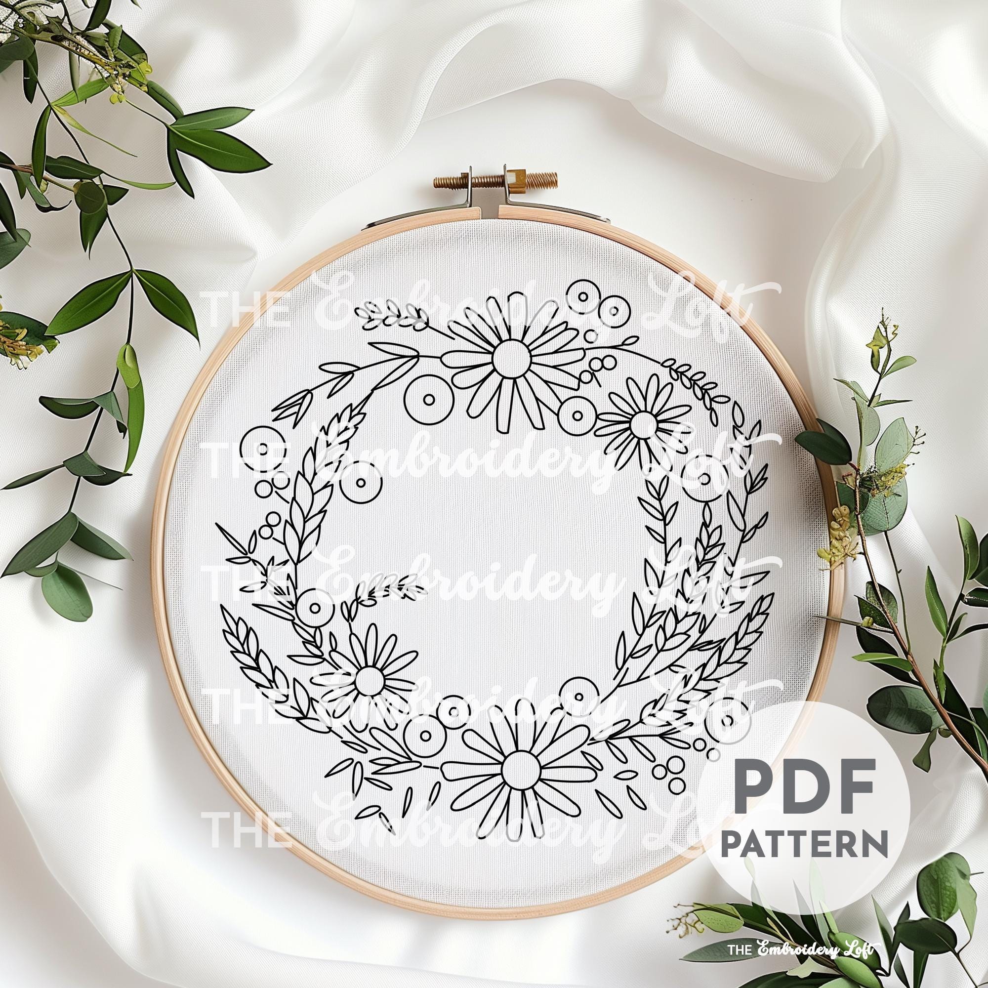 Purple and White Floral Wreath Hand Embroidery Pattern