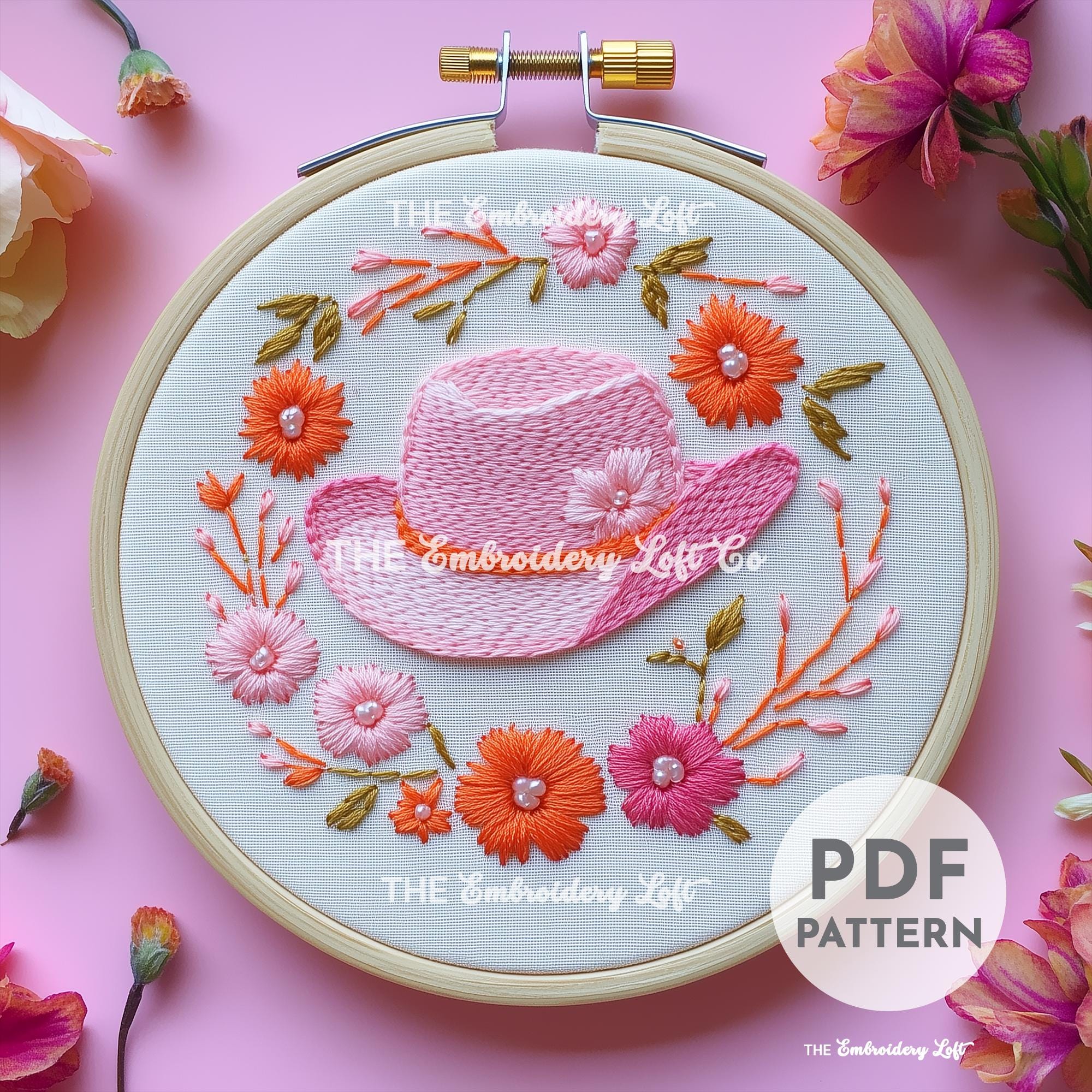 Pink Cowgirl Hat Hand Embroidery Pattern