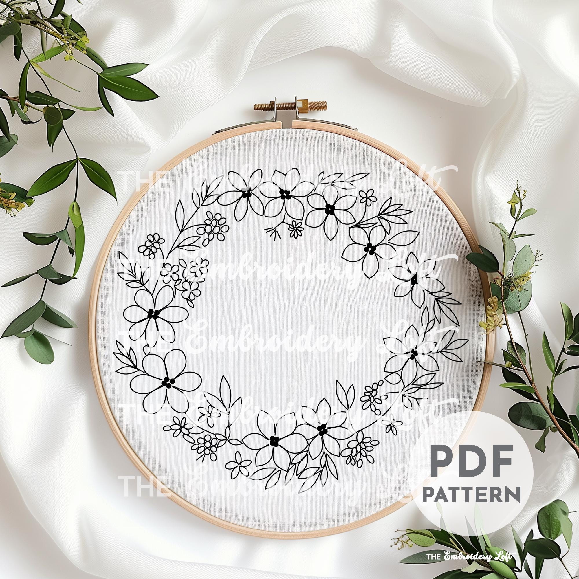 White and Purple Wreath Hand Embroidery Pattern