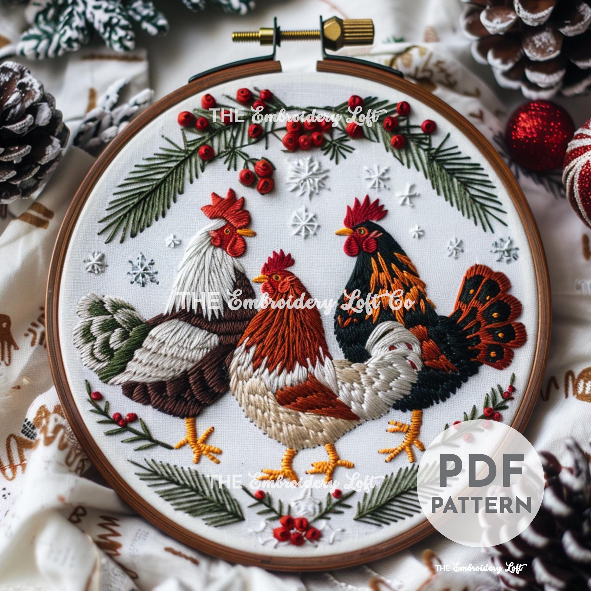 Twelve Days of Christmas, Three French Hens Hand Embroidery Pattern