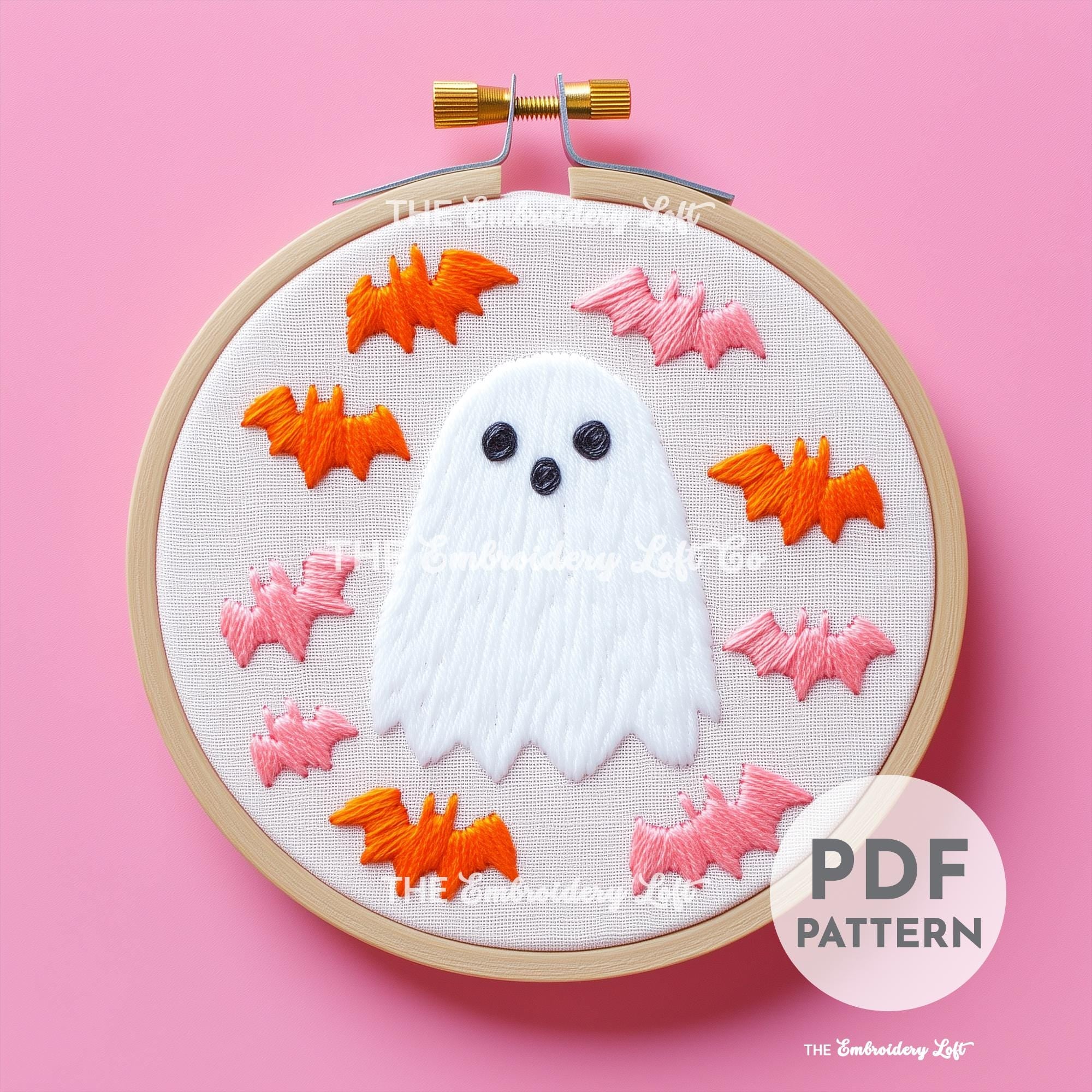 Retro Ghost with Bats Hand Embroidery Pattern