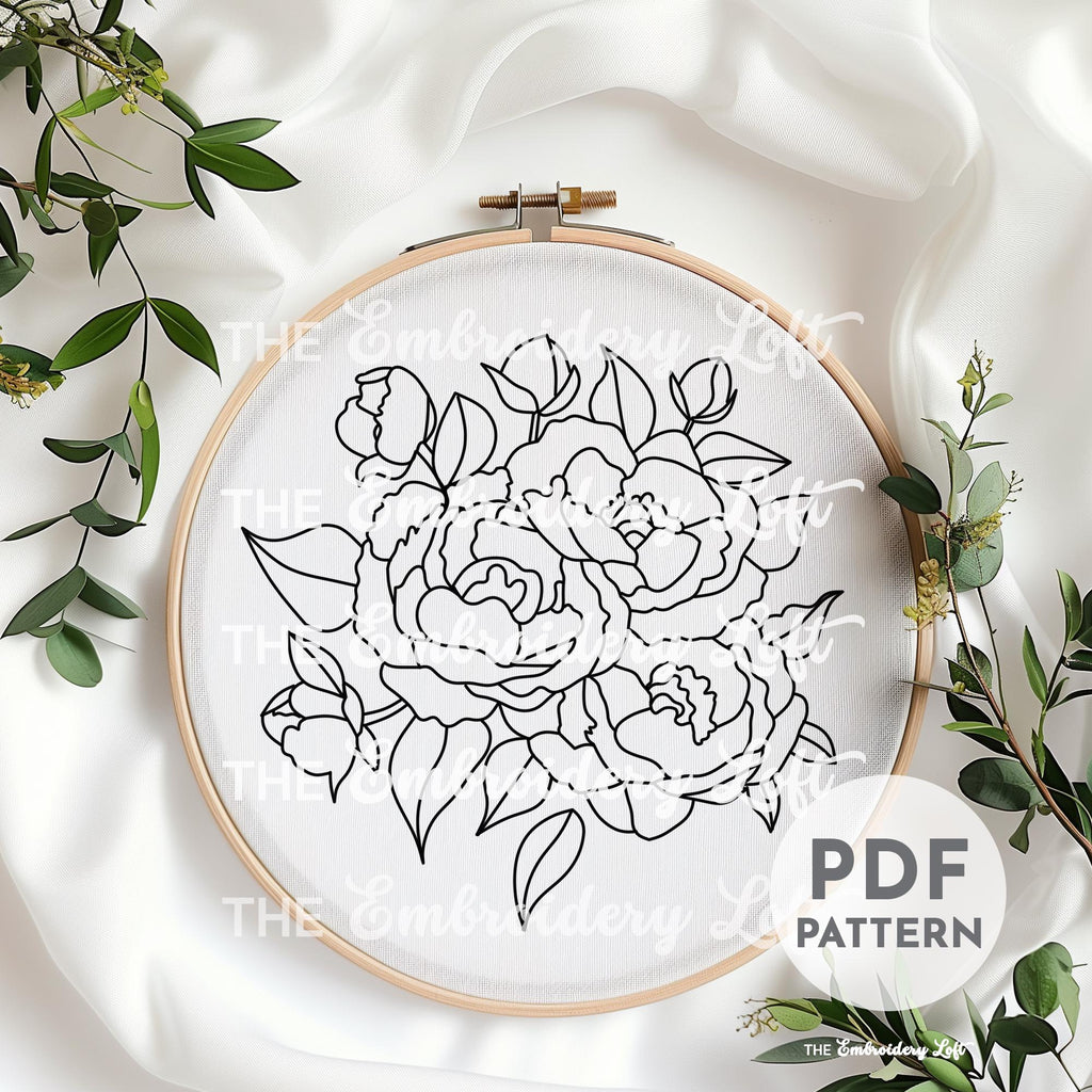 Pink Peonies Hand Embroidery Pattern