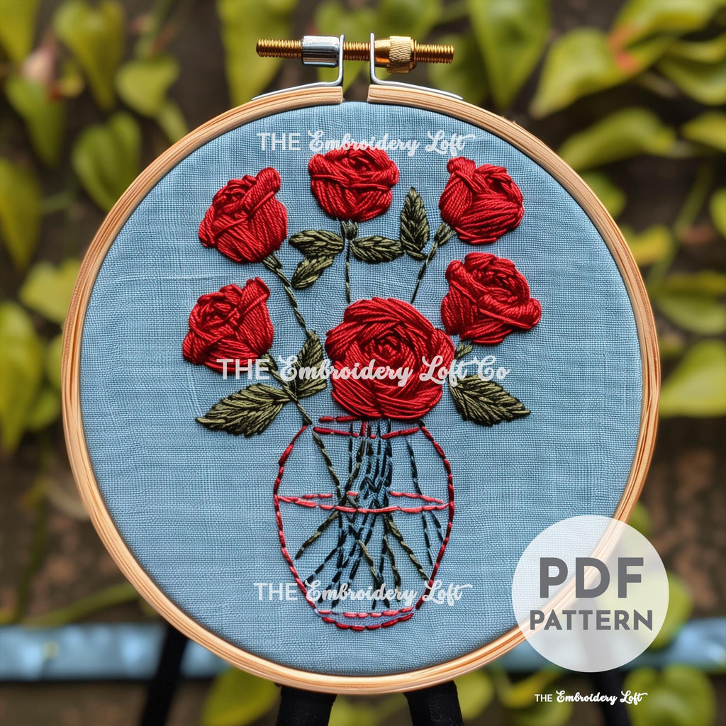 Vase of Roses Hand Embroidery Pattern