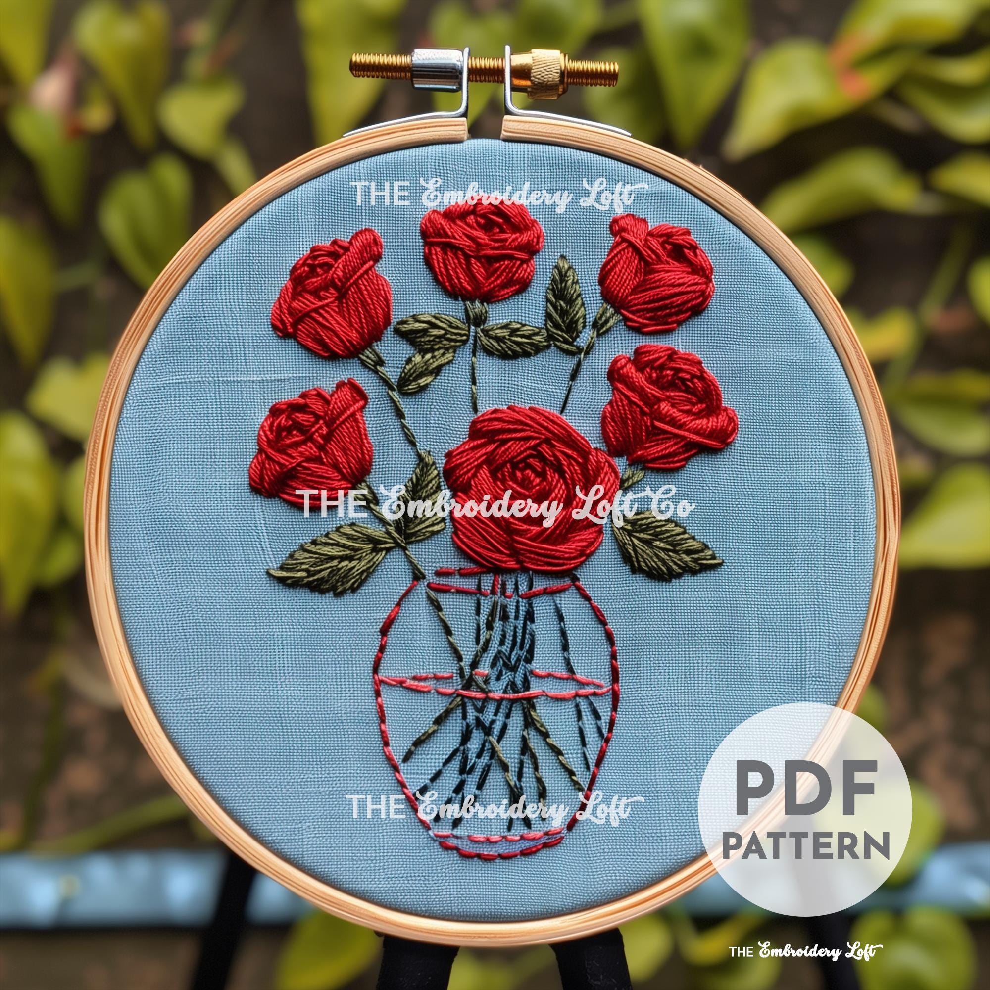 Vase of Roses Hand Embroidery Pattern