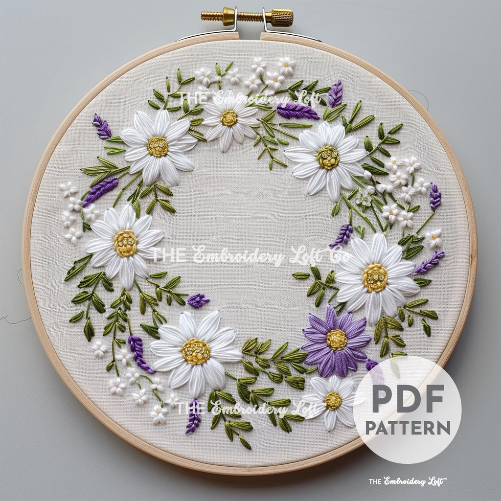 Daisy and Purple Floral Wreath Hand Embroidery Pattern