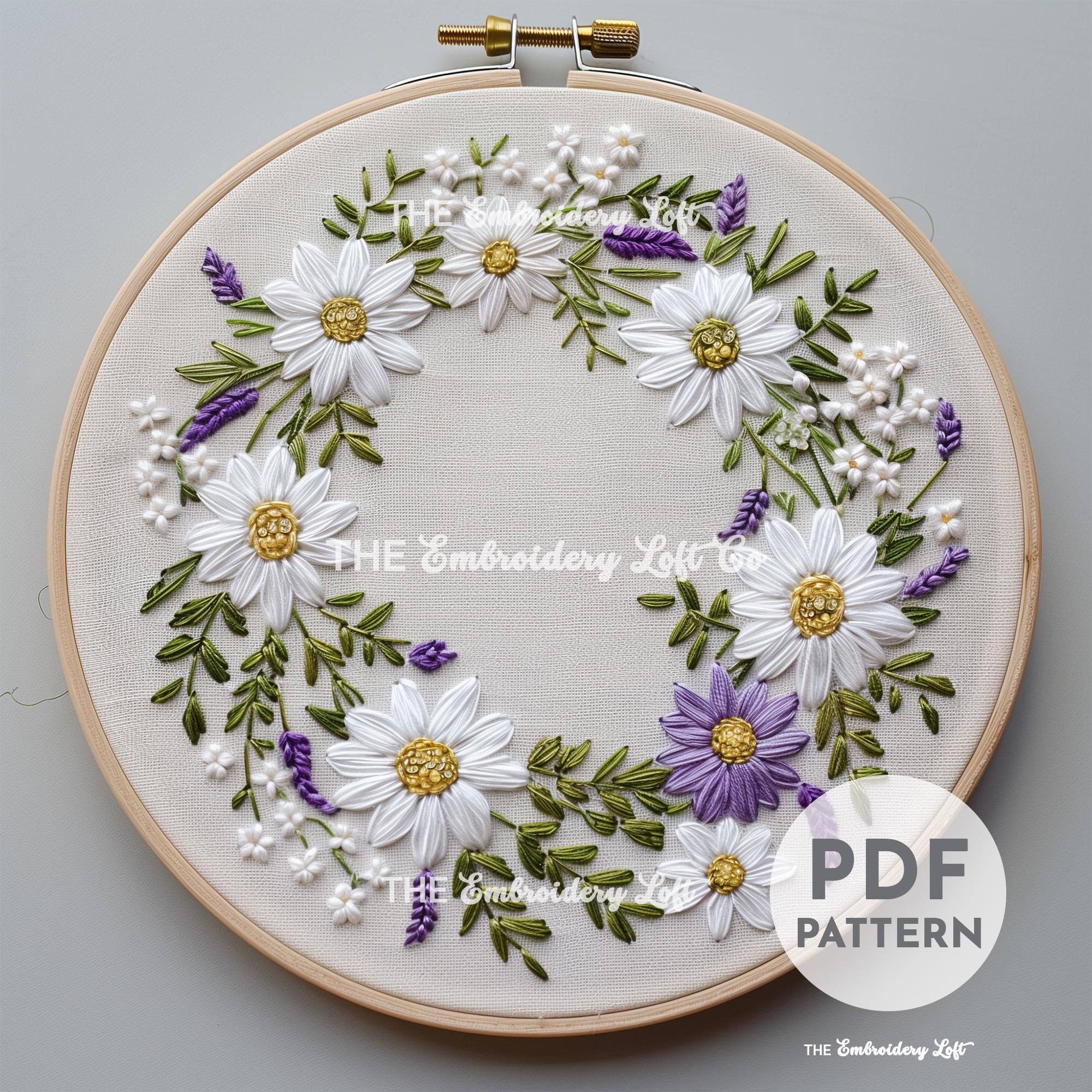 Daisy and Purple Floral Wreath Hand Embroidery Pattern