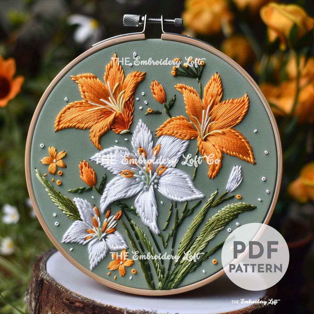 Orange and White Lilies Hand Embroidery Pattern