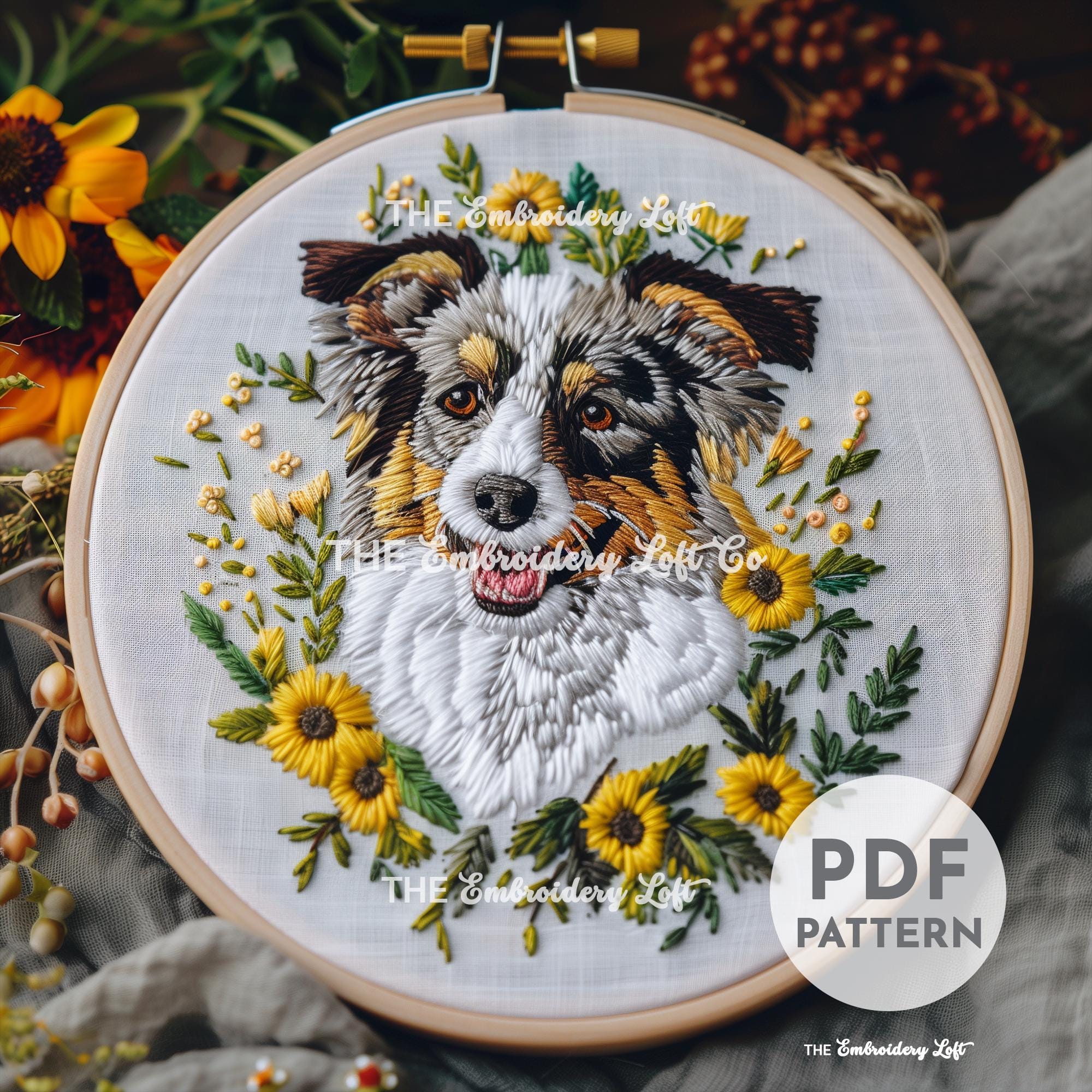 Australian Shepherd Hand Embroidery Pattern, Aussie Dog Embroidery, Pet Embroidery, Cute Dog, Hand Embroidery Pattern PDF, Advanced Skill