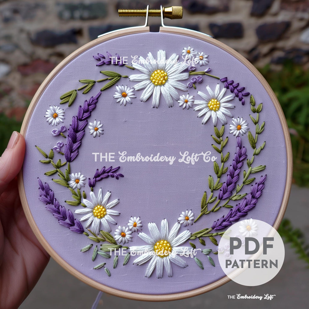 Purple and White Floral Wreath Hand Embroidery Pattern
