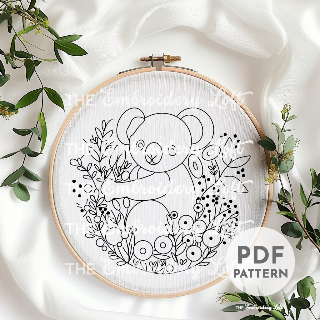 Floral Koala Bear Hand Embroidery Pattern