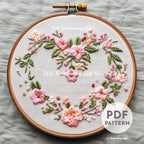 Pink Floral Heart Wreath Hand Embroidery Pattern