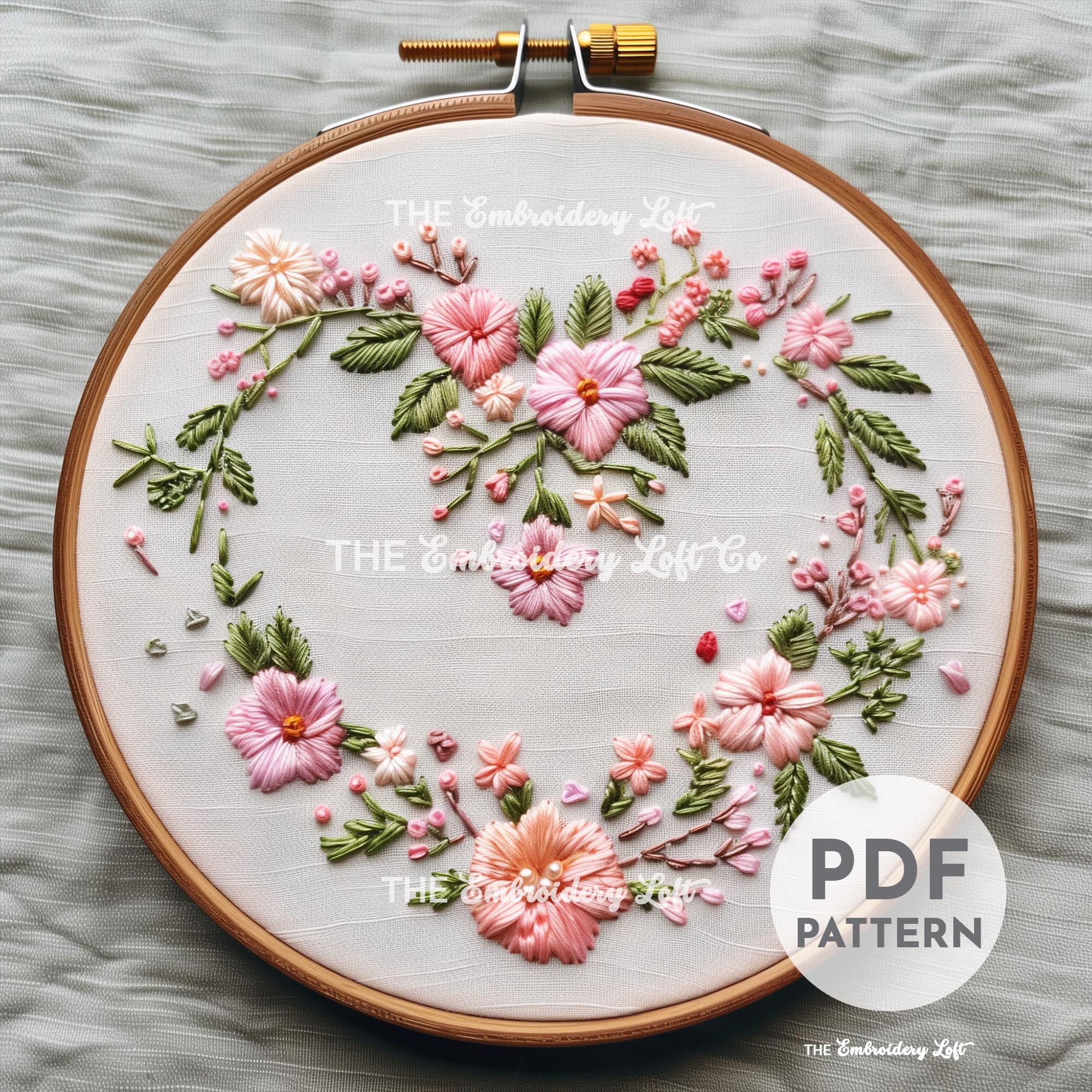Pink Floral Heart Wreath Hand Embroidery Pattern