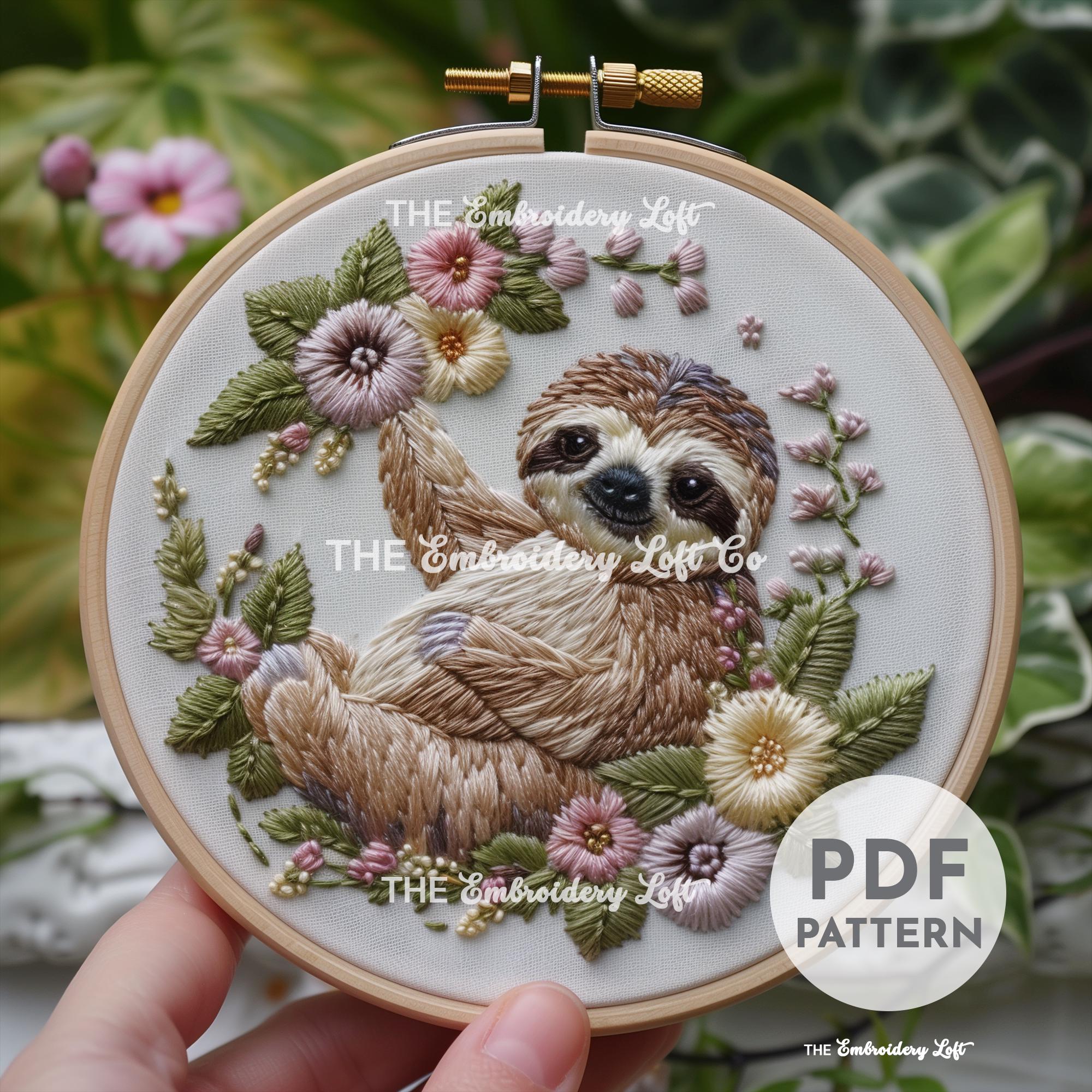 Floral Sloth Hand Embroidery Pattern