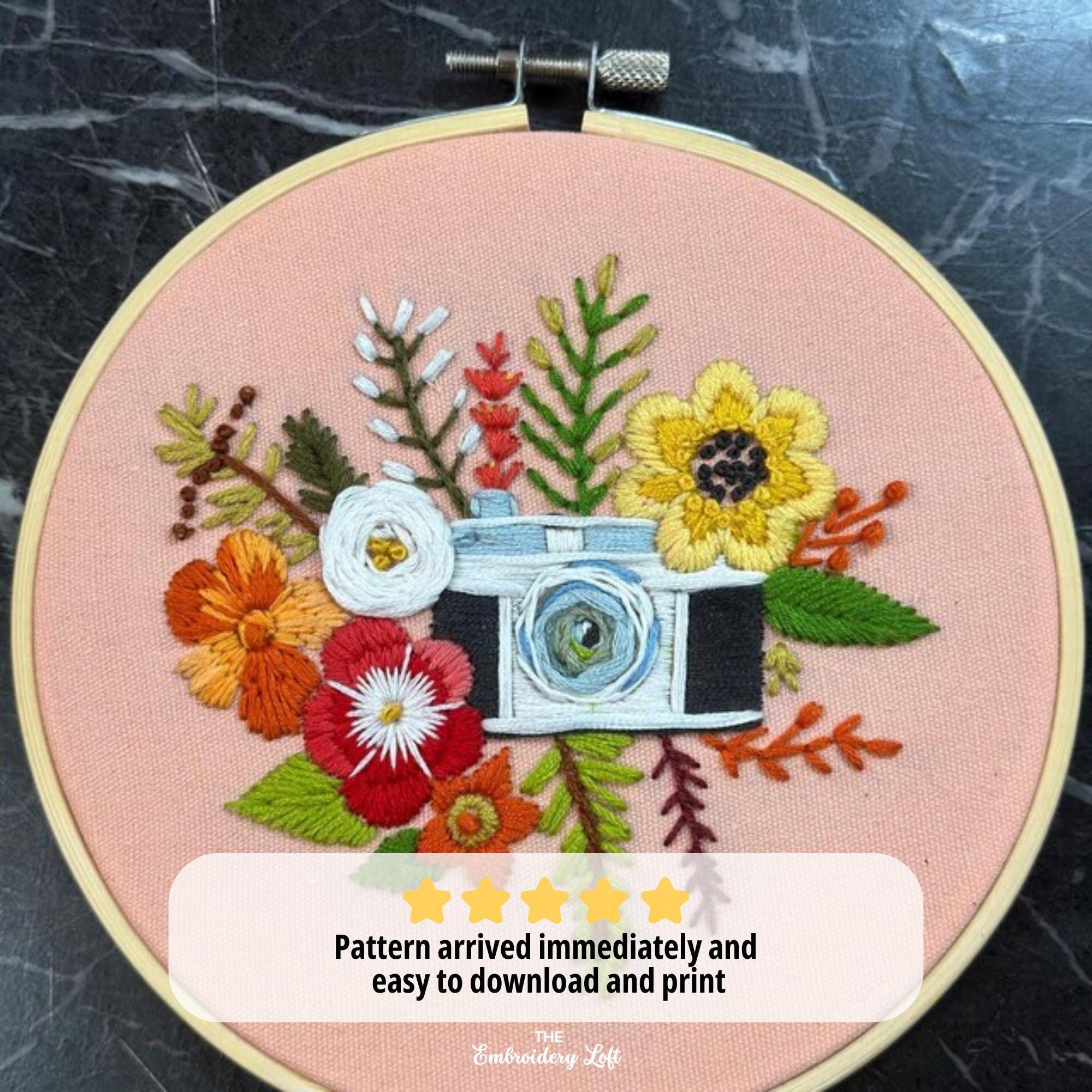 Floral Camera Hand Embroidery Pattern