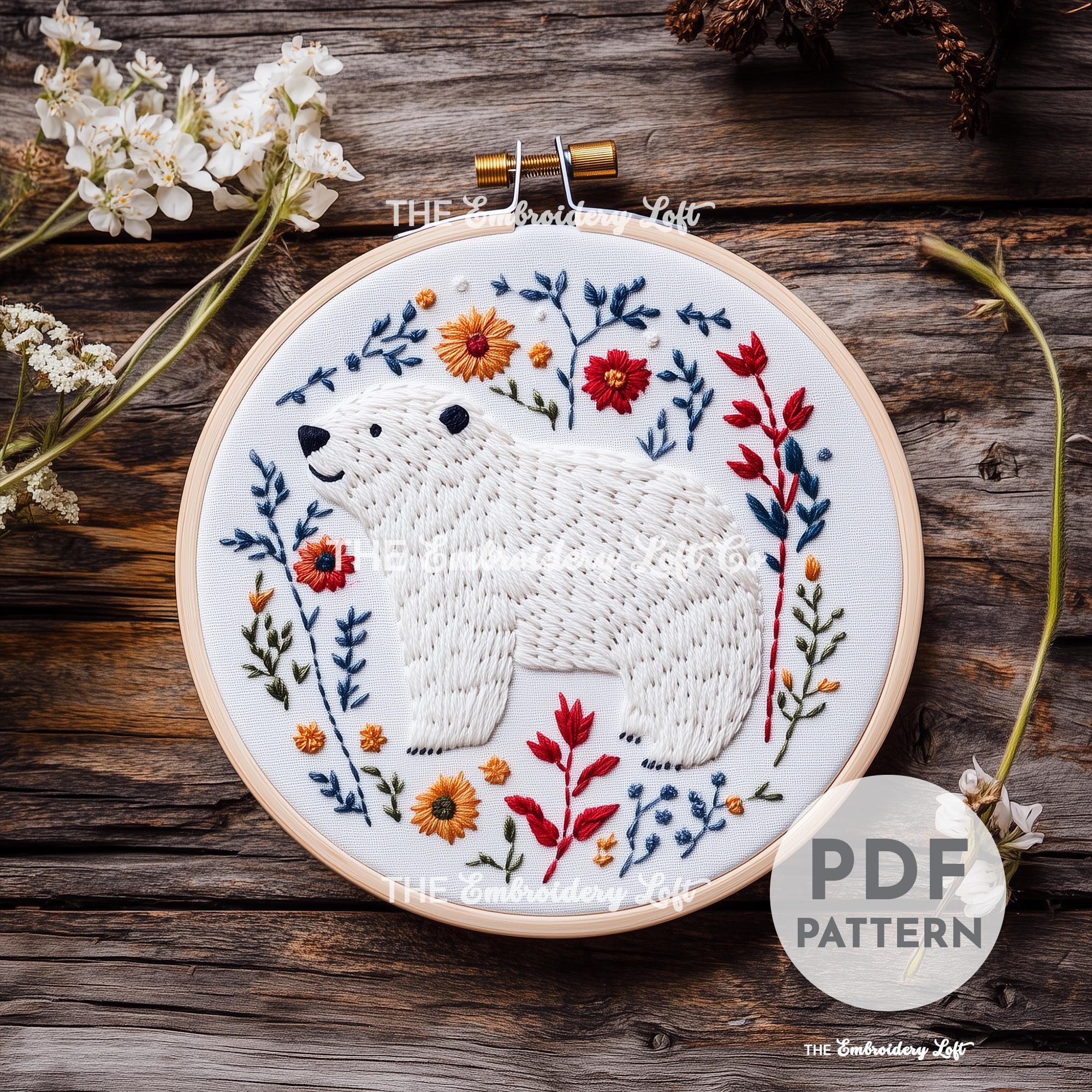 Floral Polar Bear Hand Embroidery Pattern