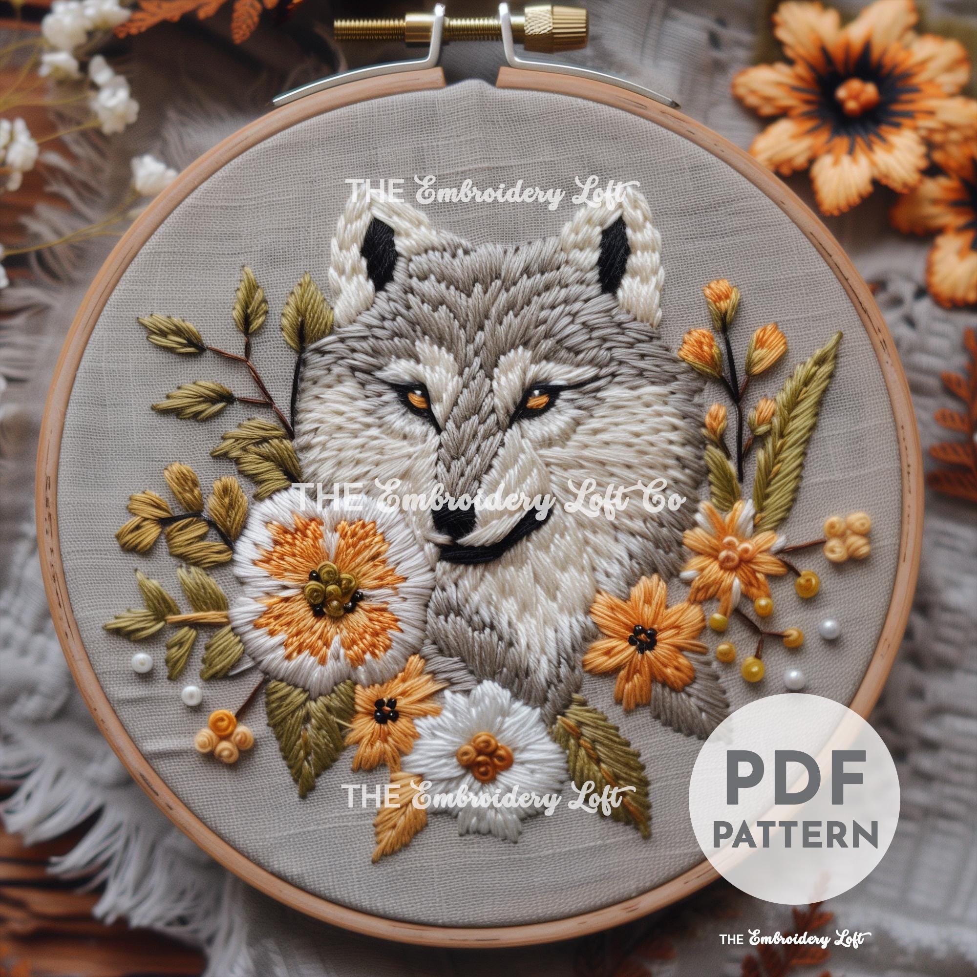 Floral Wolf Hand Embroidery Pattern