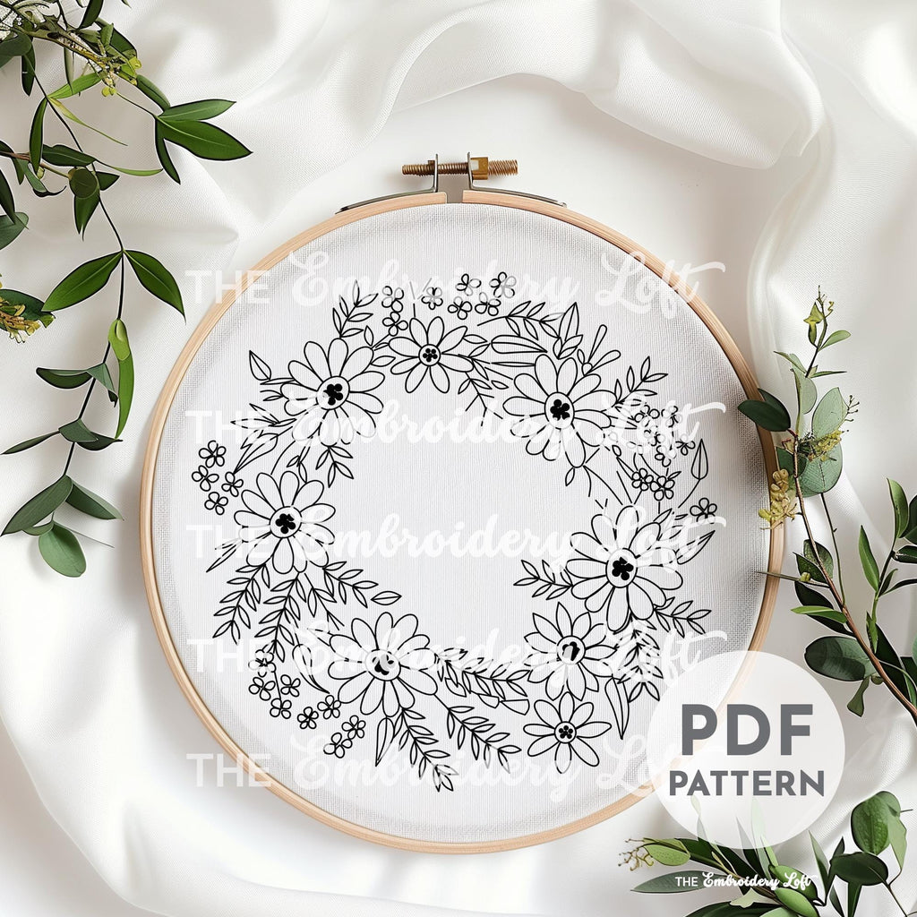 Daisy and Purple Floral Wreath Hand Embroidery Pattern