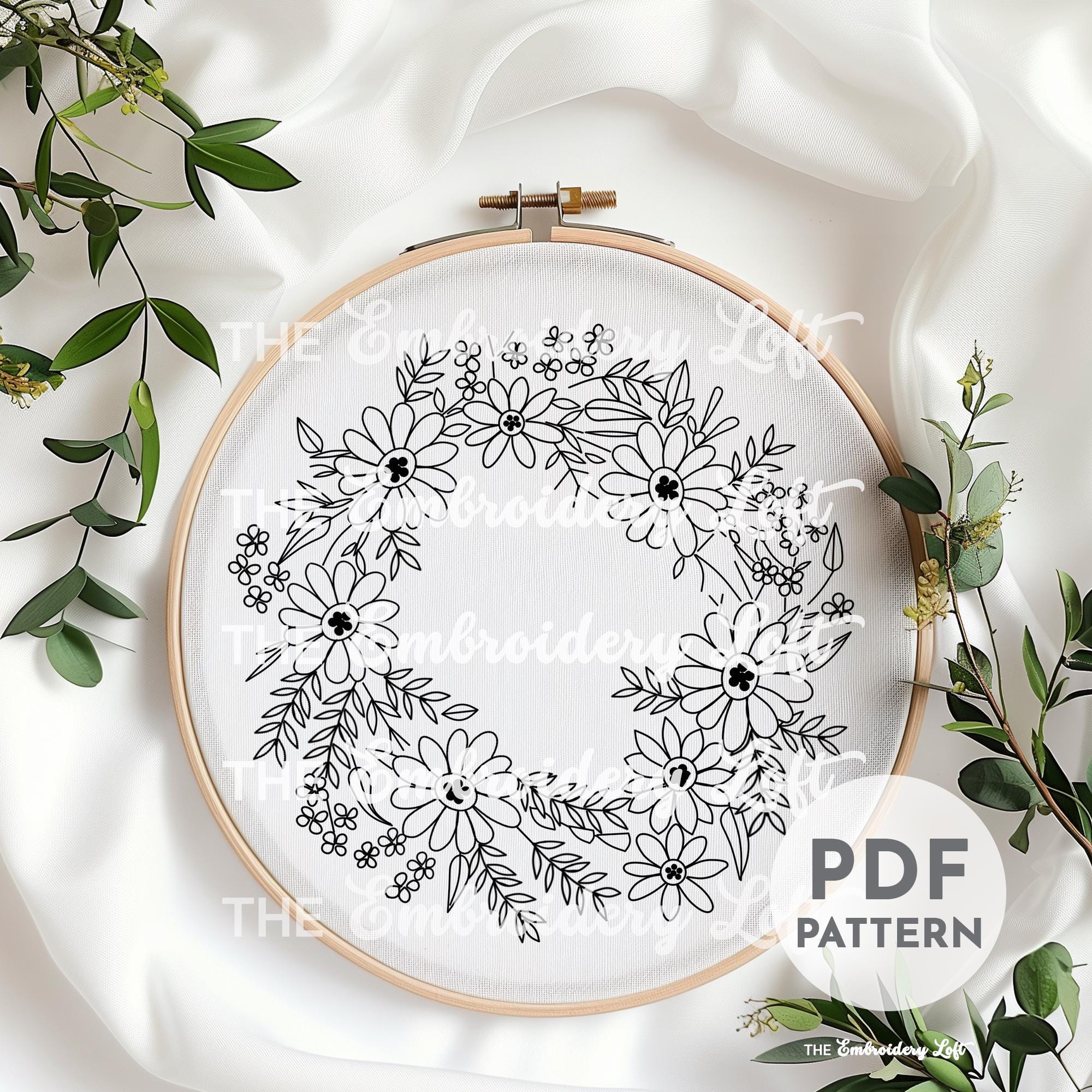 Daisy and Purple Floral Wreath Hand Embroidery Pattern