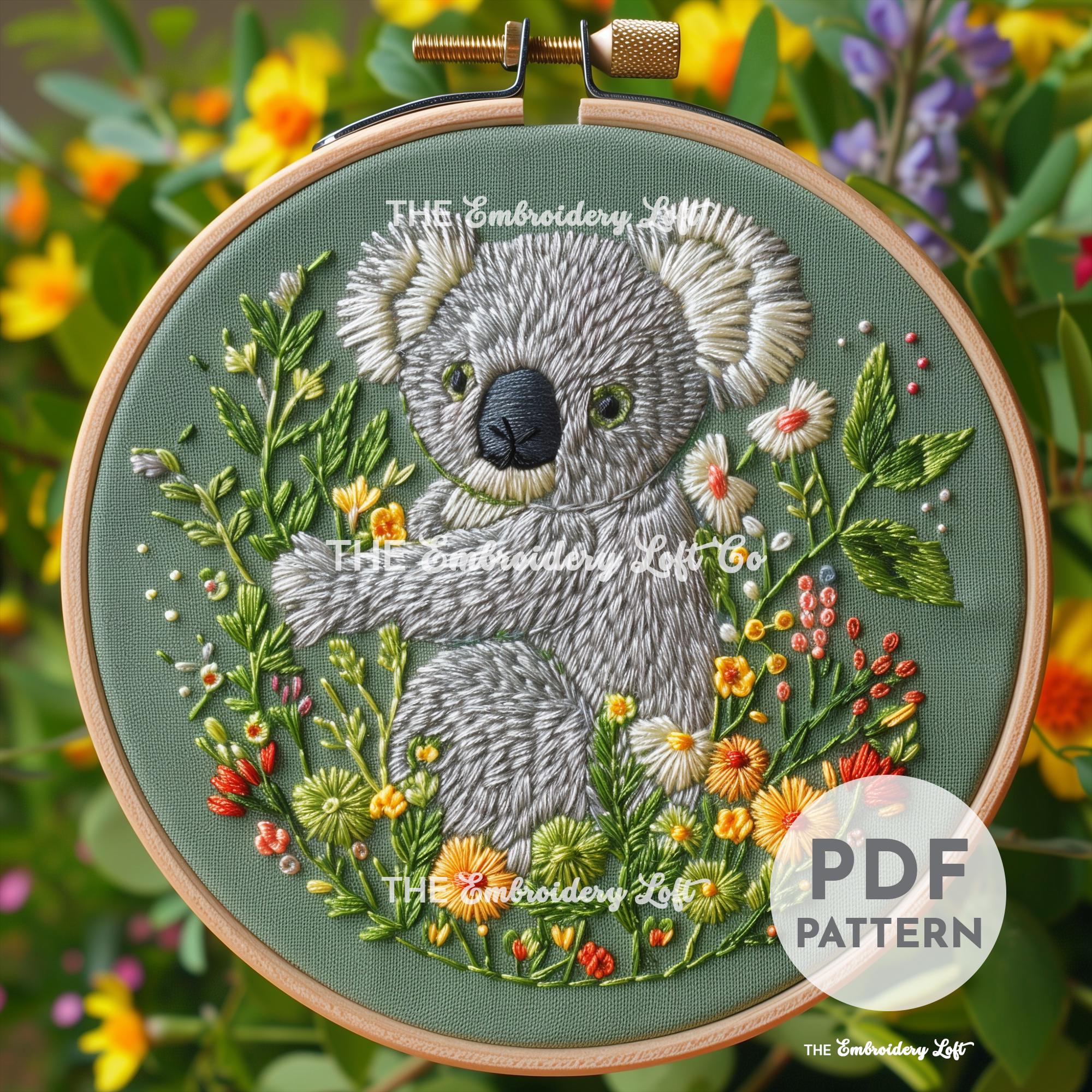 Floral Koala Bear Hand Embroidery Pattern