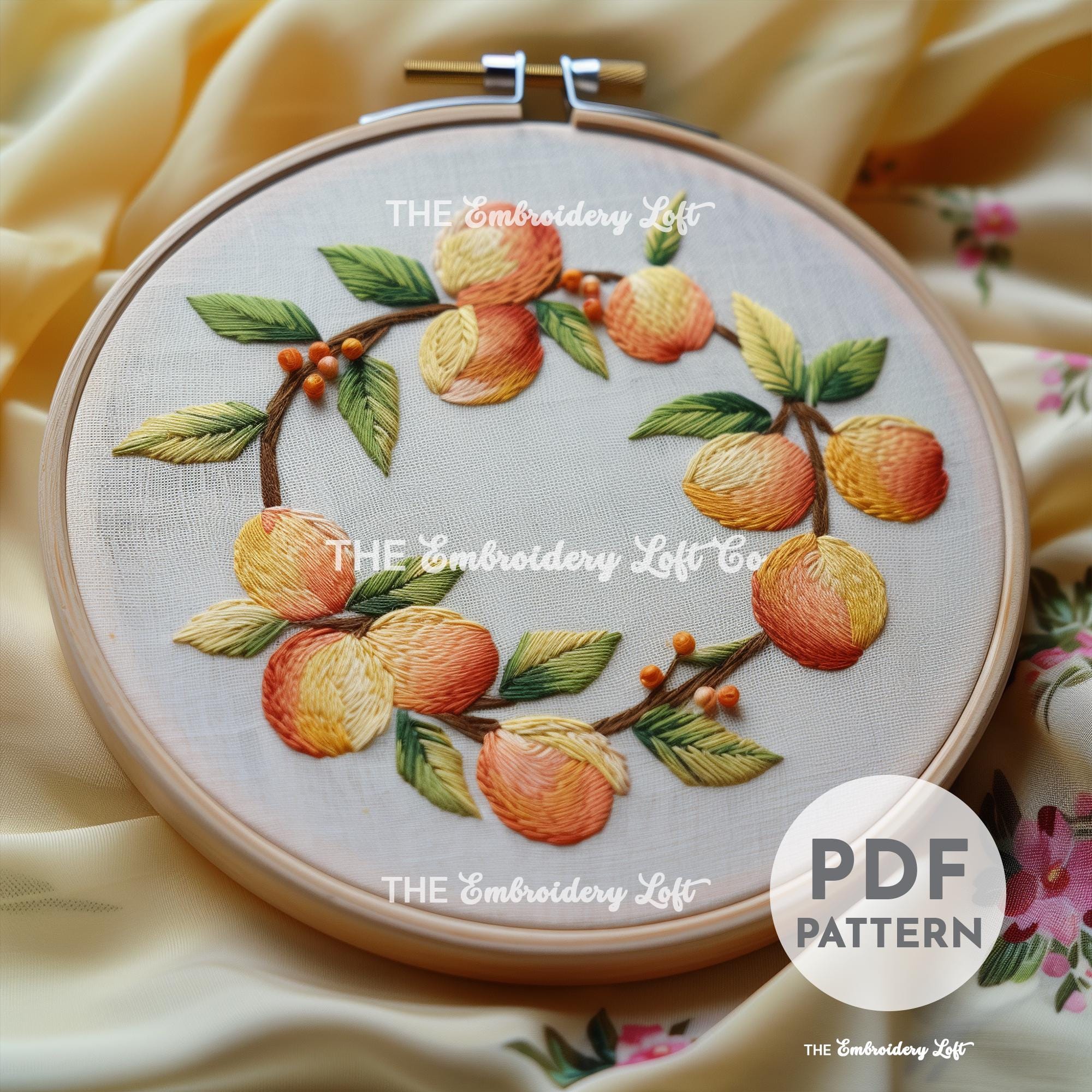 Peach Wreath Hand Embroidery Pattern