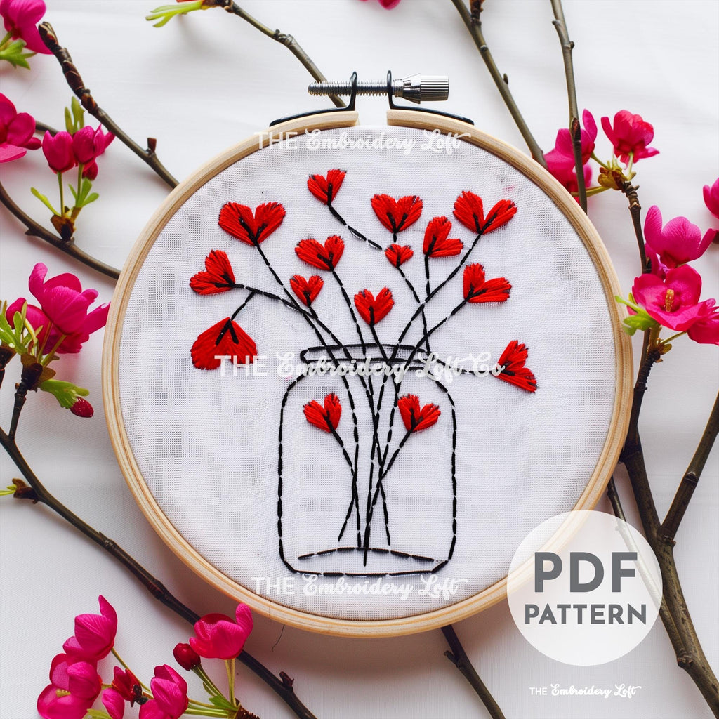 Heart Flowers Hand Embroidery Pattern