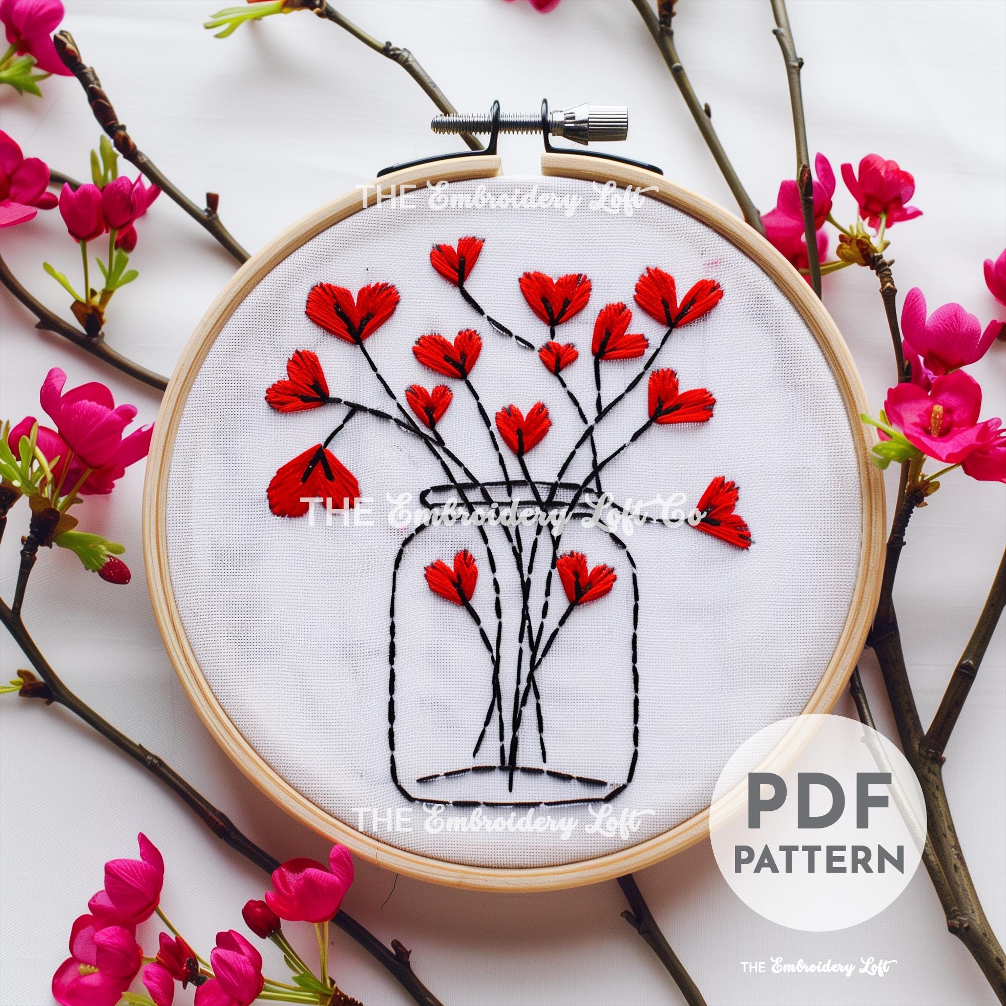 Heart Flowers Hand Embroidery Pattern