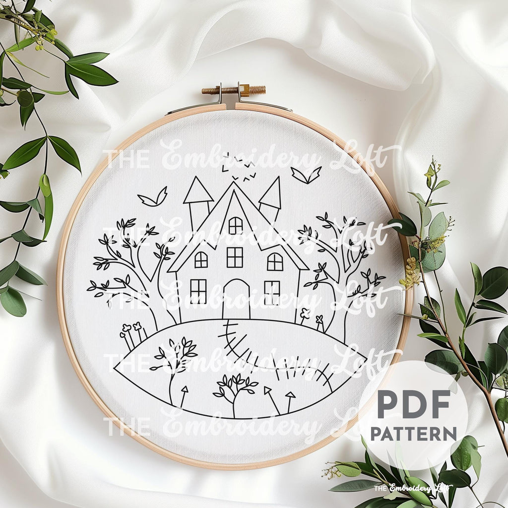 Pink Retro Haunted House Hand Embroidery Pattern