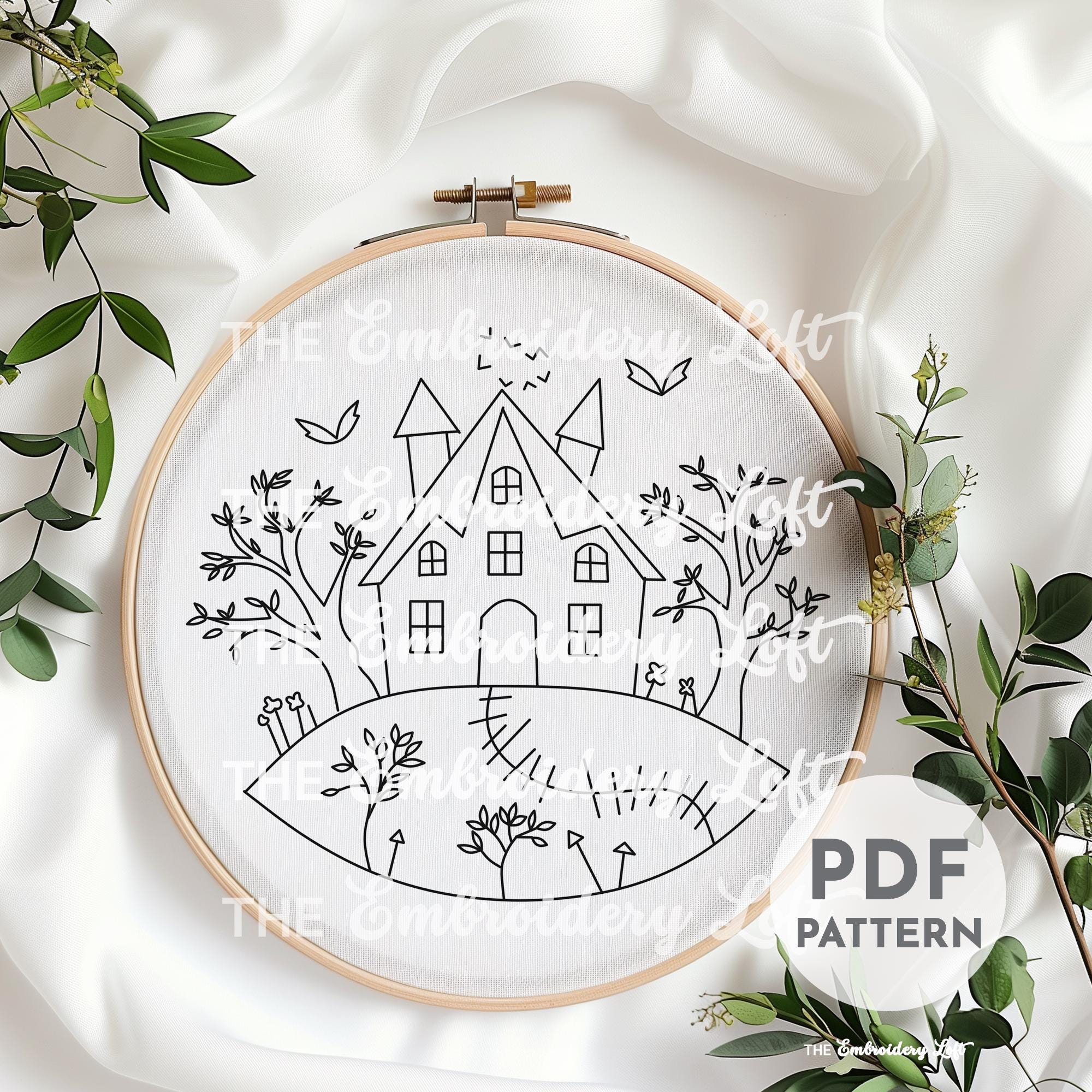 Pink Retro Haunted House Hand Embroidery Pattern