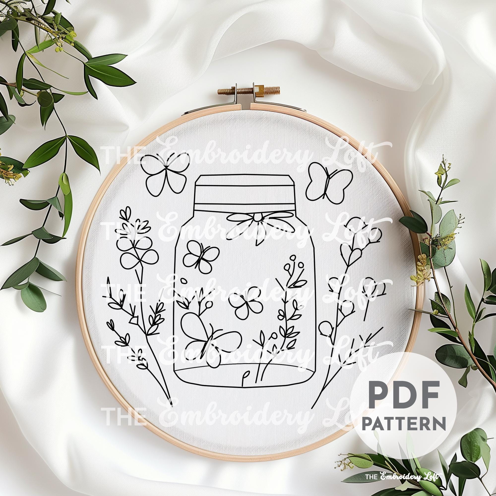 Jar of Butterflies and Flowers Hand Embroidery Pattern