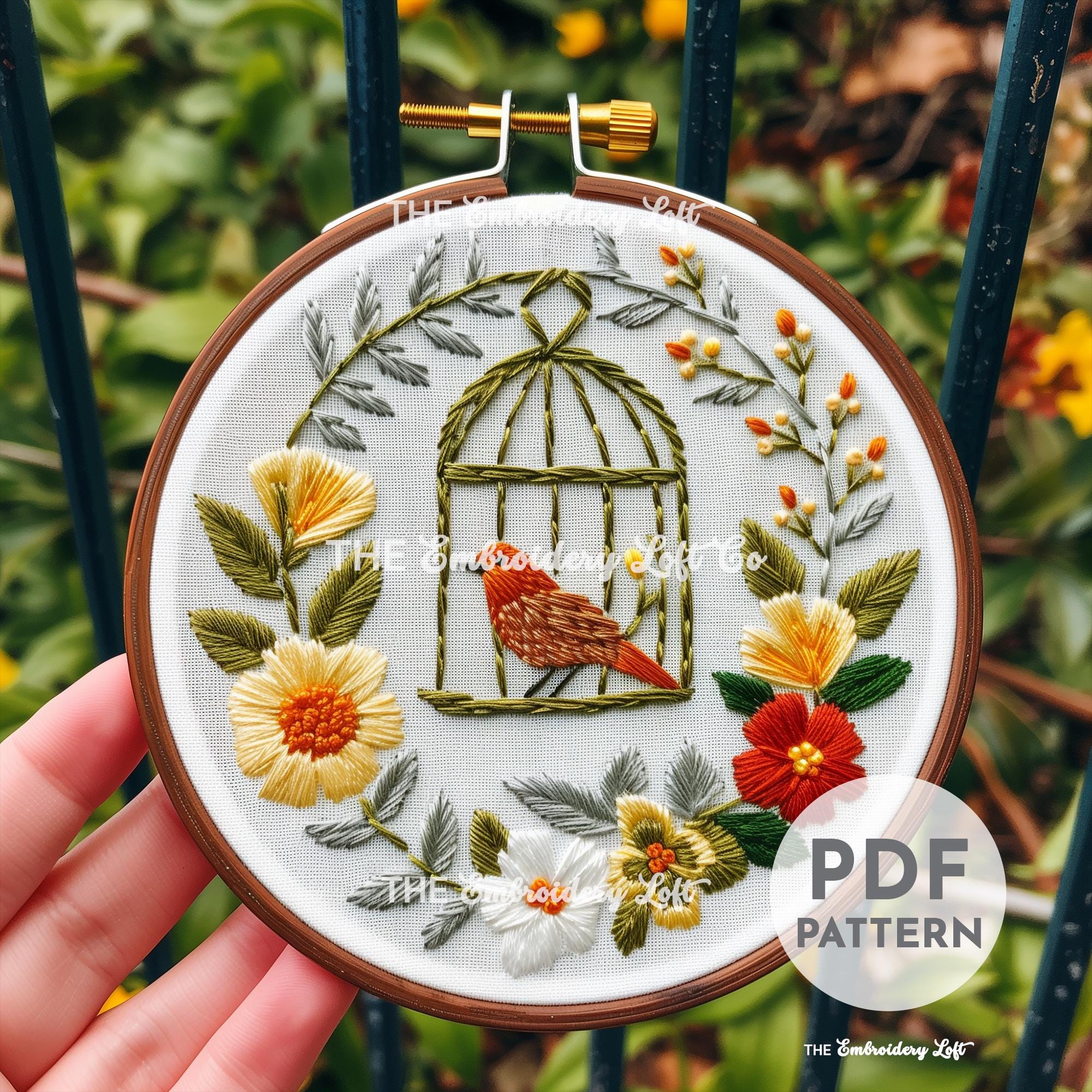 Floral Bird Cage Hand Embroidery Pattern