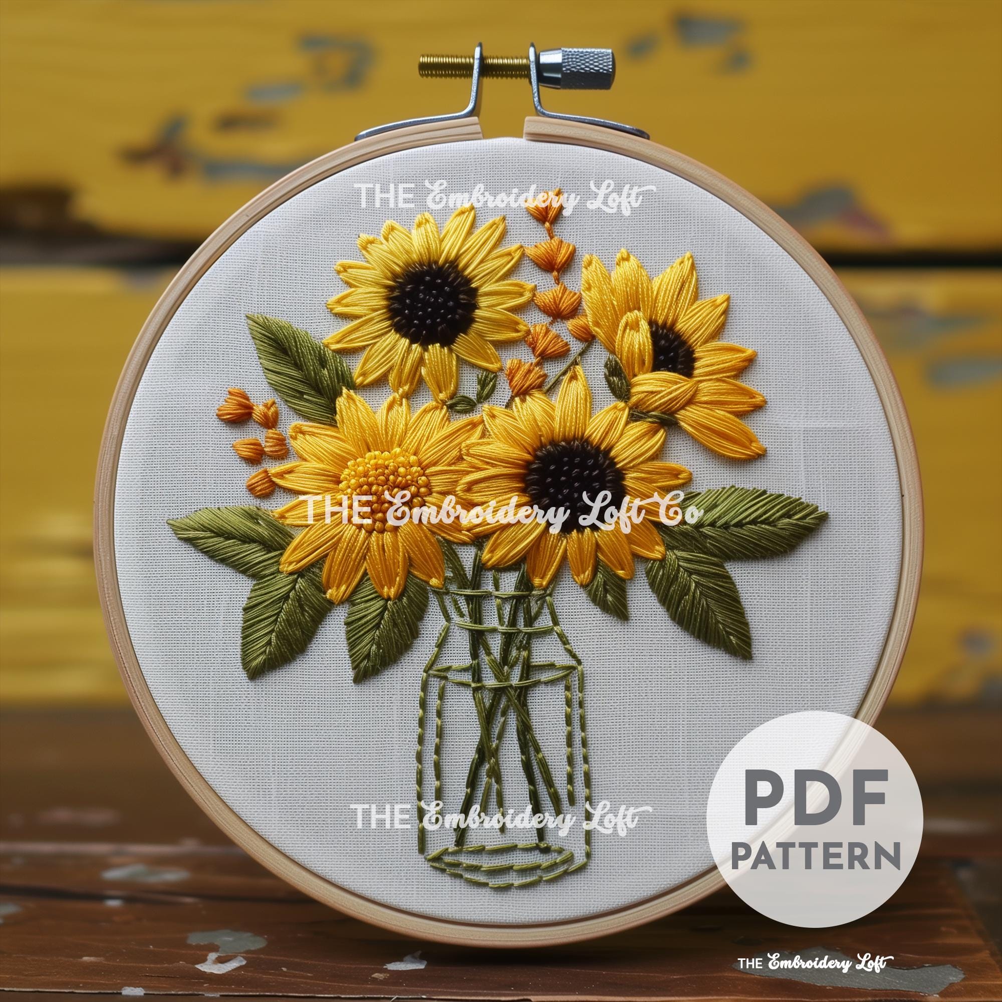 Vase of Sunflowers Hand Embroidery Pattern