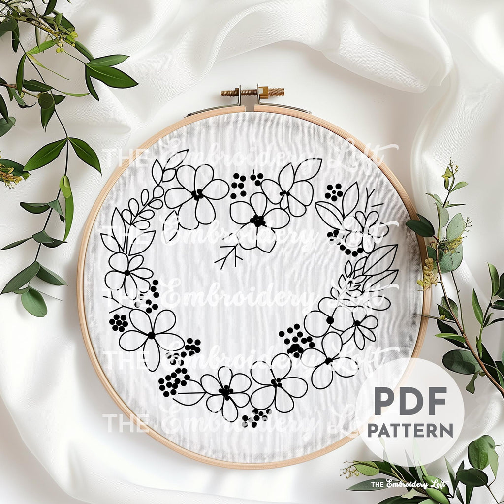 Purple Floral Heart Wreath Hand Embroidery Pattern