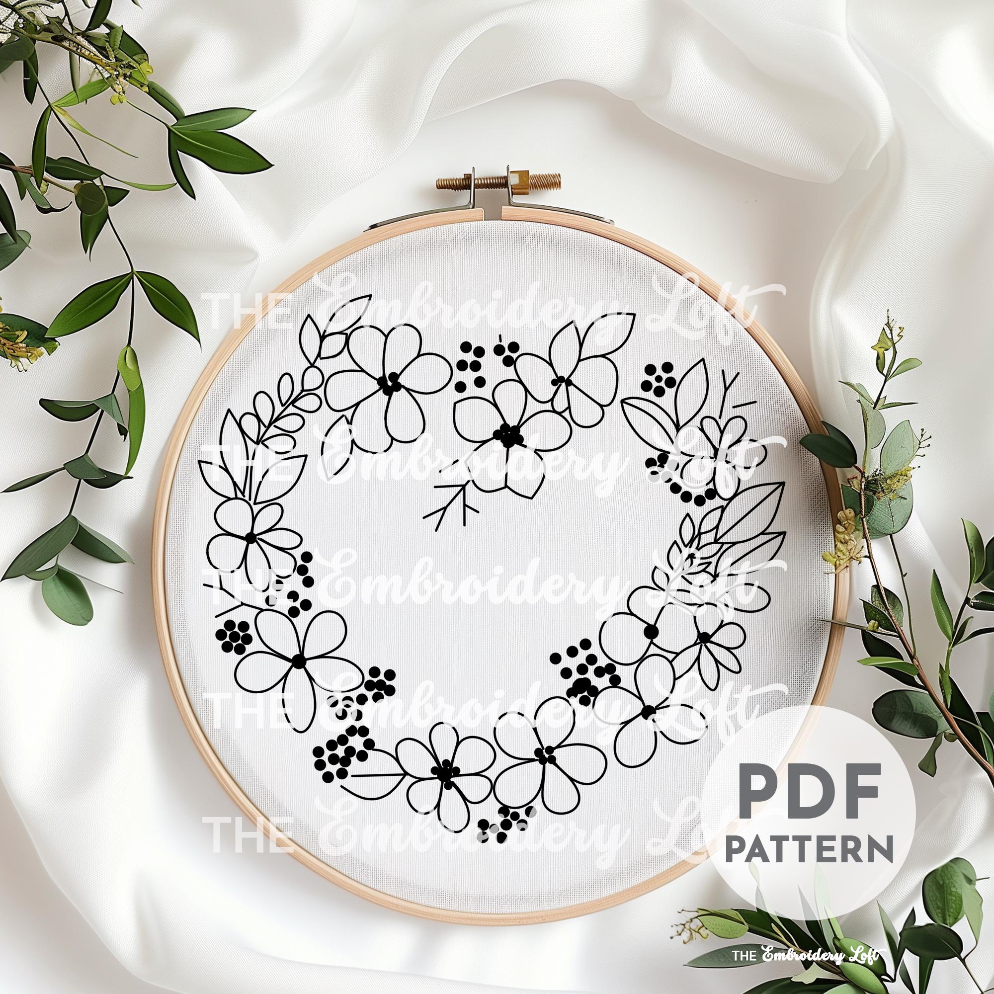 Purple Floral Heart Wreath Hand Embroidery Pattern