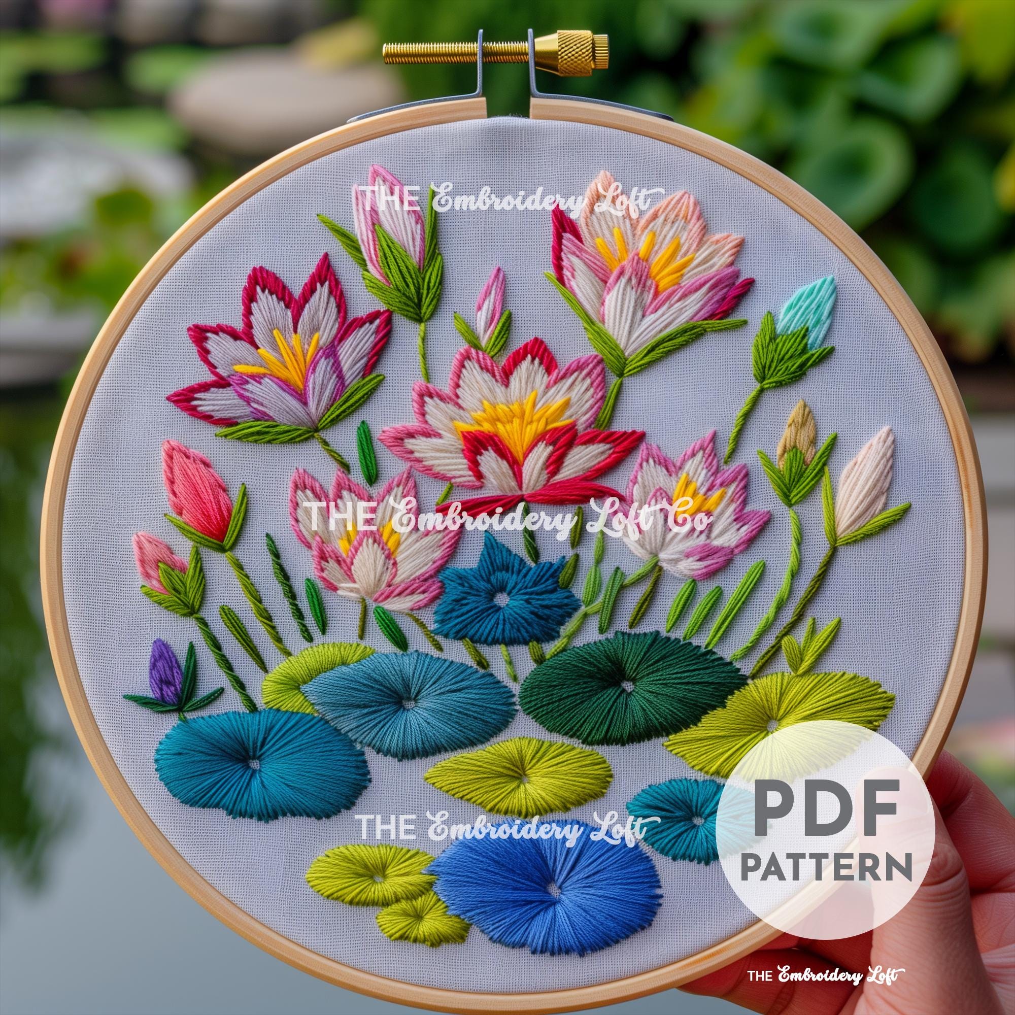 Colorful Water Lilies Hand Embroidery Pattern
